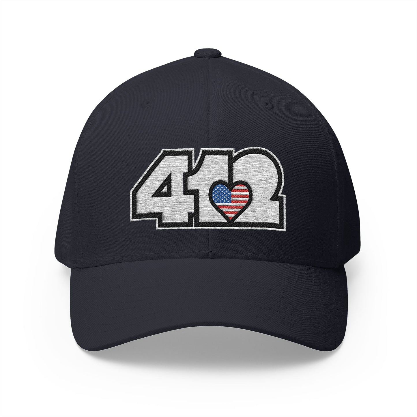 412 Stretch Fit Crown - Embroidered Stars & Stripes Heart, White Logo