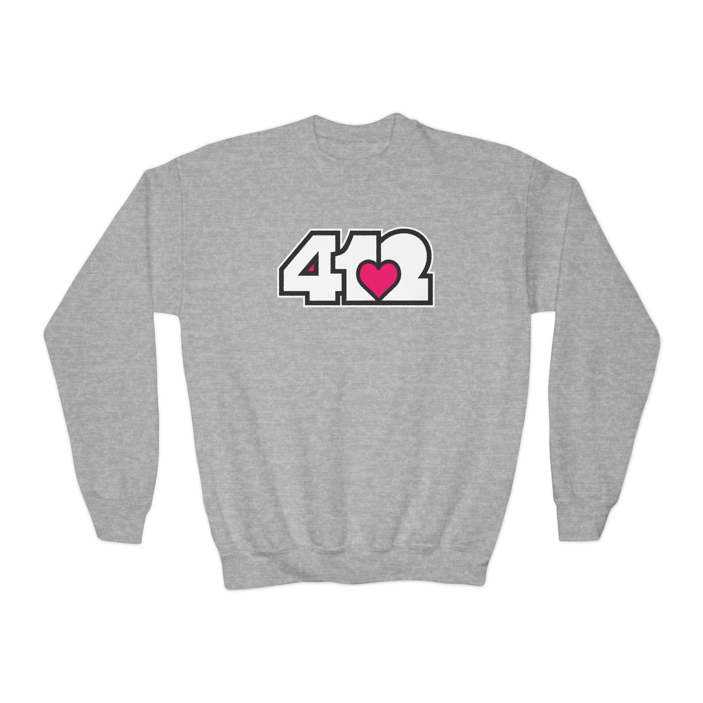 412 Crew Neck Youth Sweatshirt - Pink Heart, White Logo