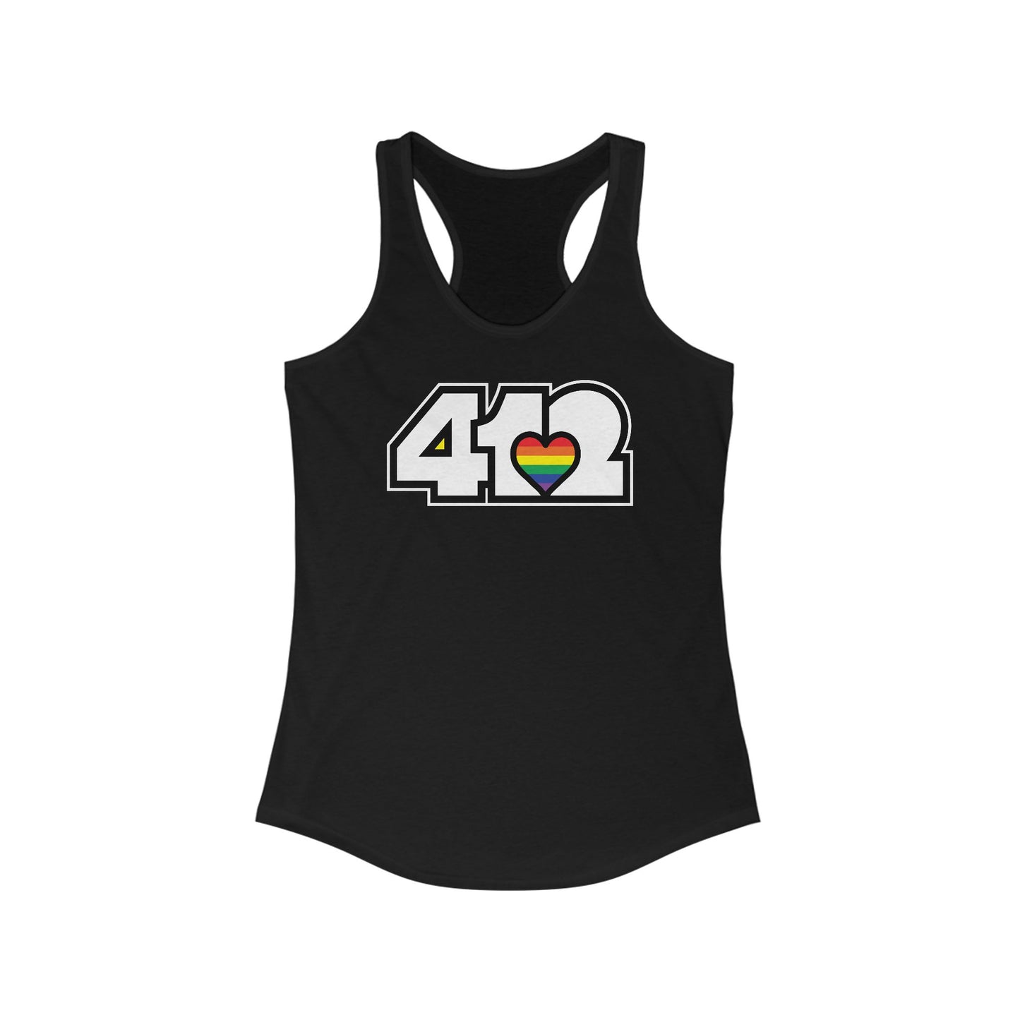 412 Women's Racerback Tank Top - Rainbow Heart, White Logo