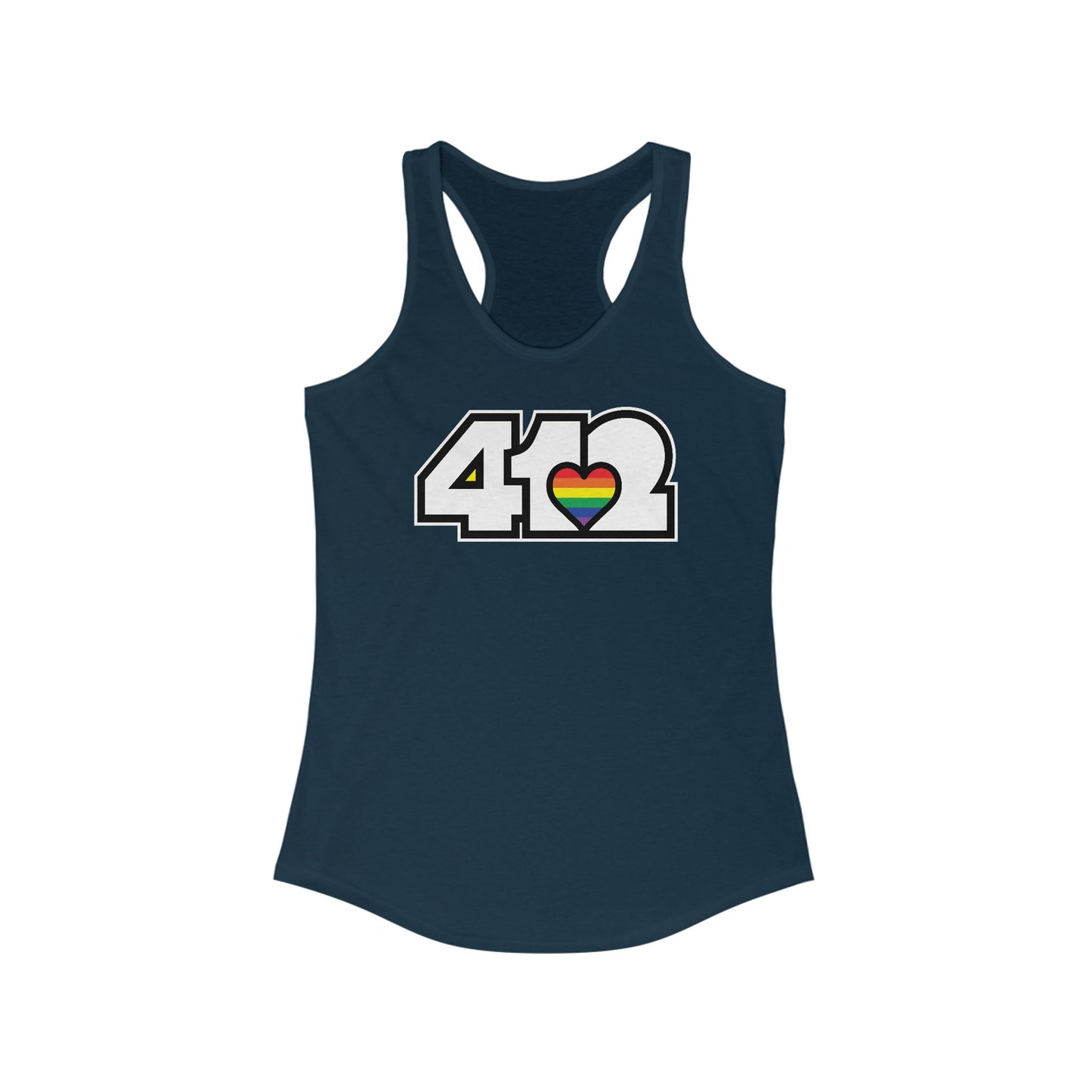 412 Women's Racerback Tank Top - Rainbow Heart, White Logo