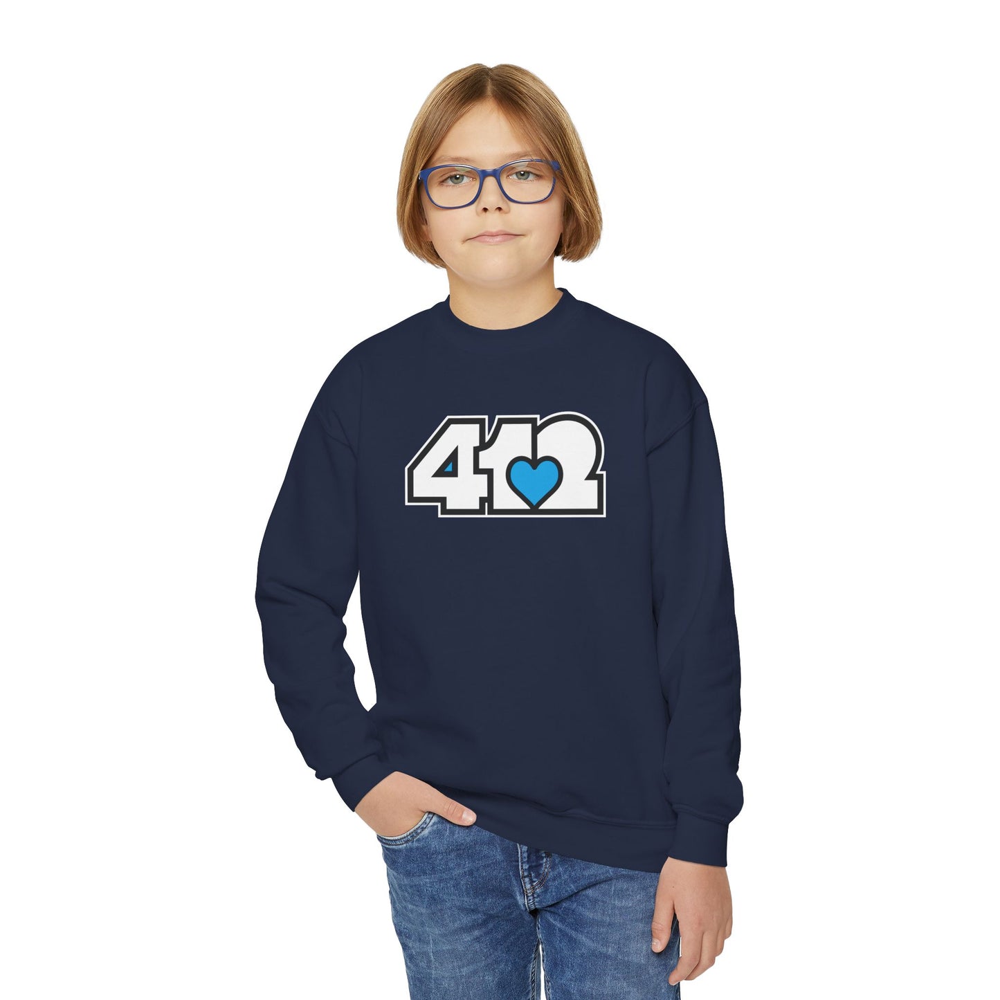 412 Crew Neck Youth Sweatshirt - Blue Heart, White Logo