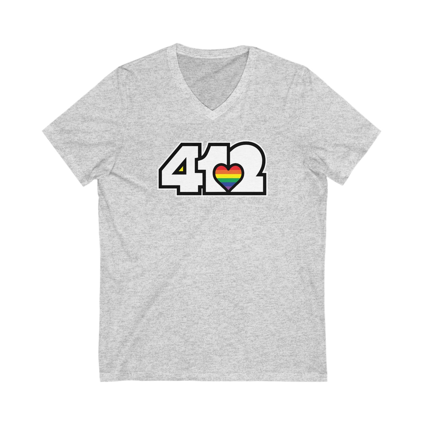 412 Women's V-Neck - Rainbow Heart, White Logo