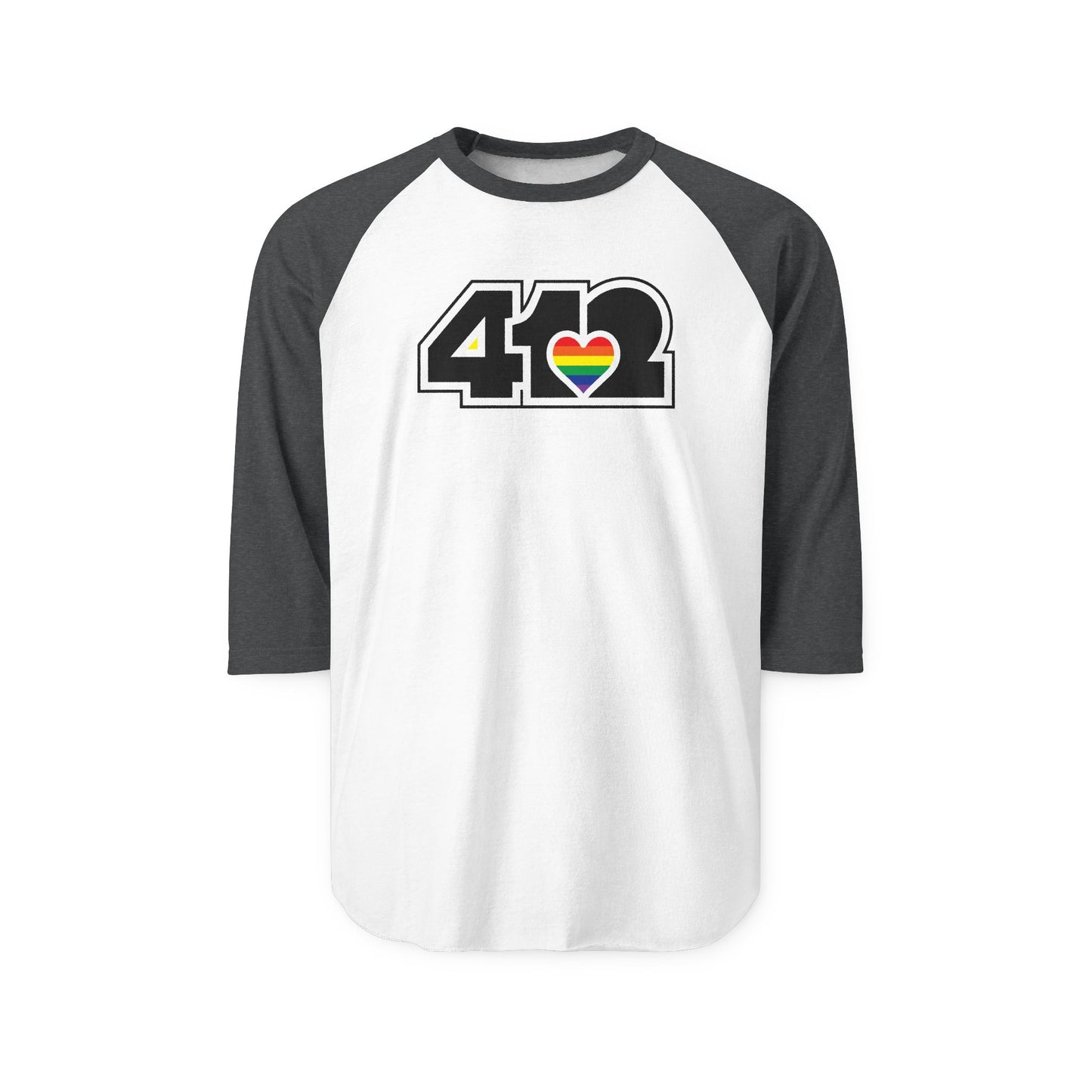 412 Raglan Baseball Tee - Rainbow Heart, Black Logo