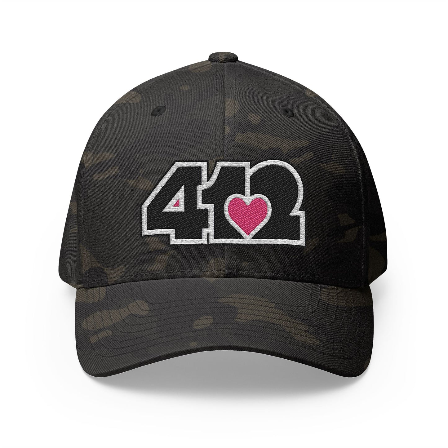 412 Stretch Fit Crown - Embroidered Pink Heart, Black Logo