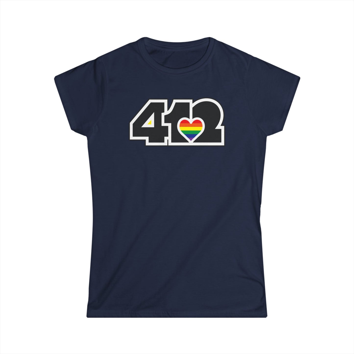 412 Women's Softstyle Tee - Rainbow Heart, Black Logo