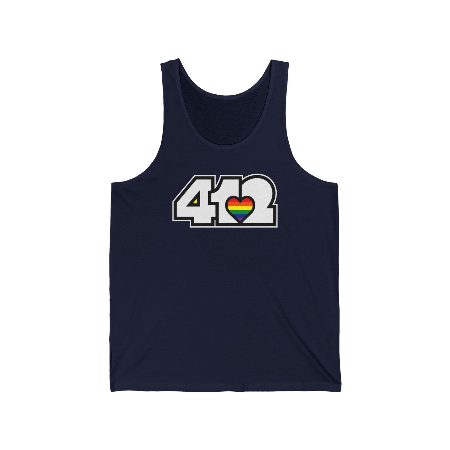 412 Unisex Jersey Tank - Rainbow Heart, White Logo