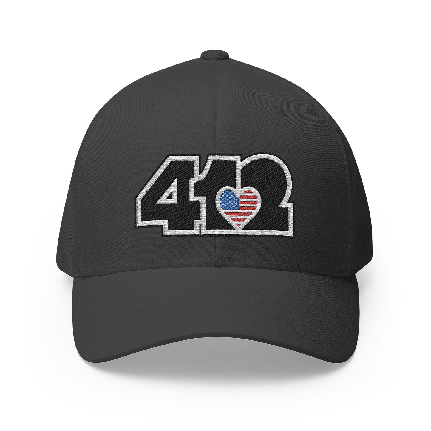412 Stretch Fit Crown - Embroidered Stars & Stripes Heart, Black Logo