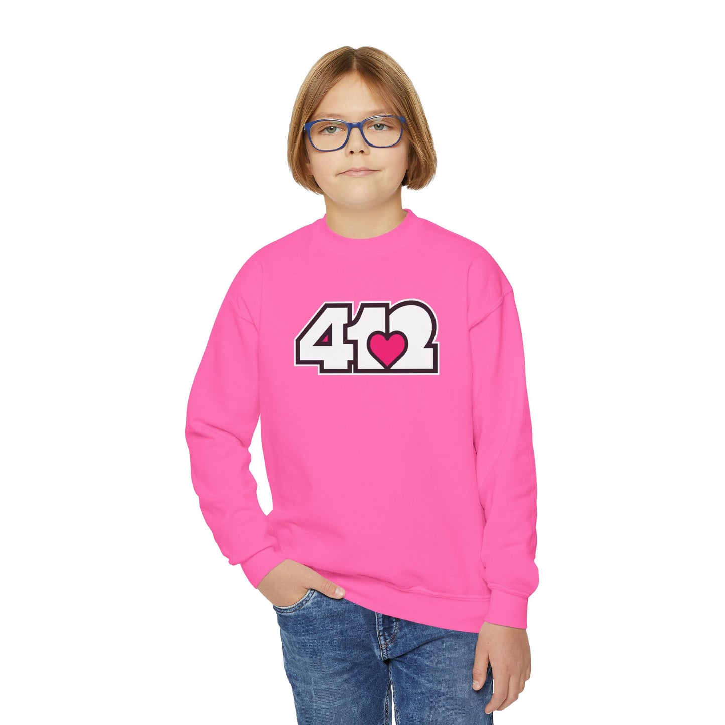 412 Crew Neck Youth Sweatshirt - Pink Heart, White Logo