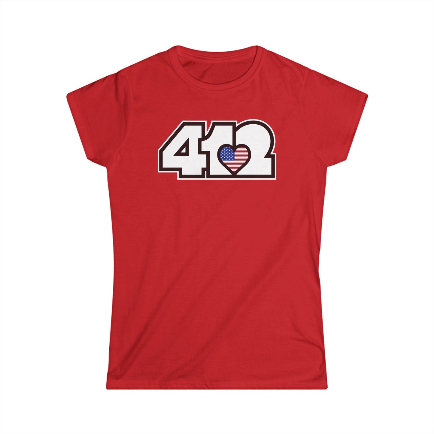 412 Women's Softstyle Tee - Stars & Stripes Heart, White Logo