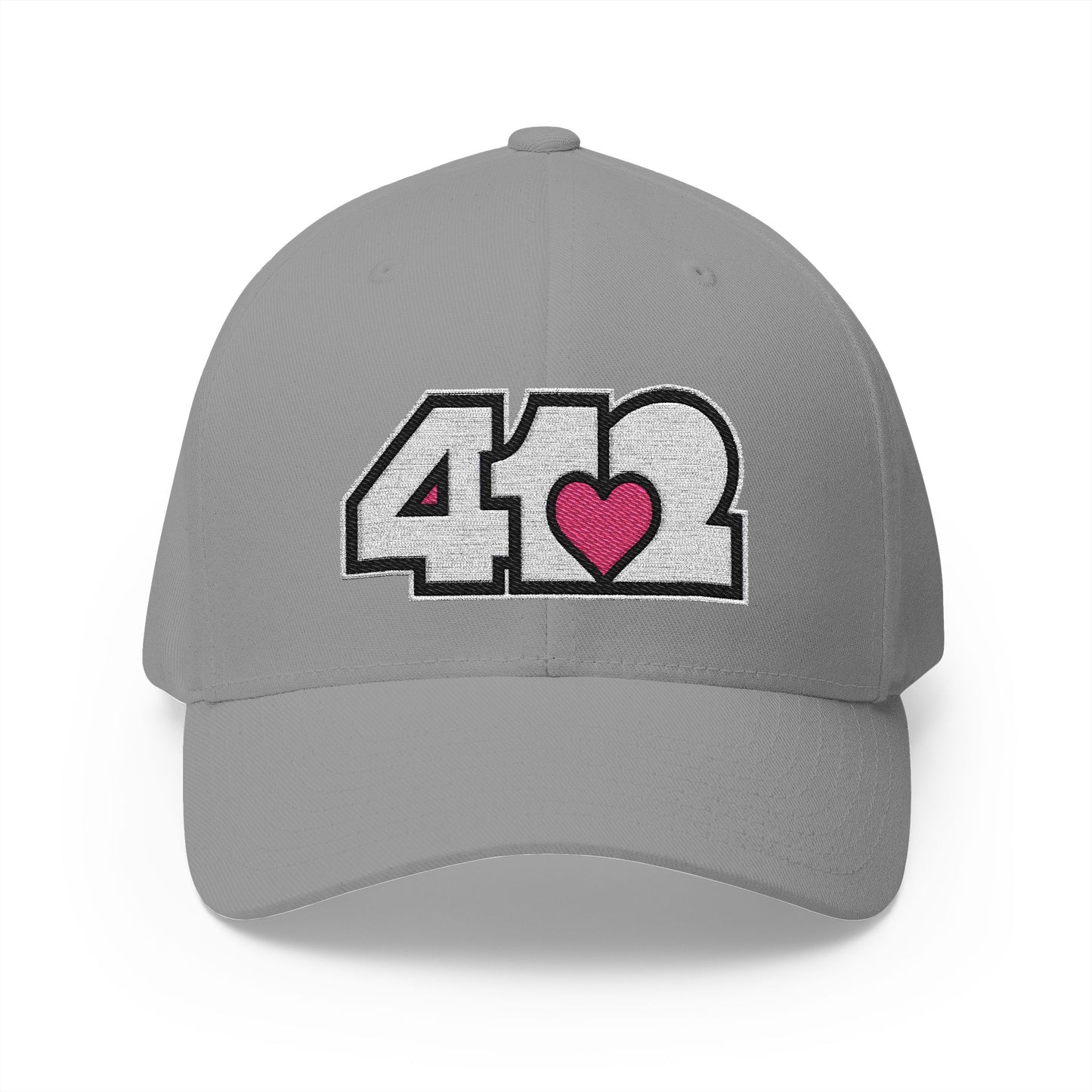 412 Stretch Fit Crown - Embroidered Pink Heart, White Logo