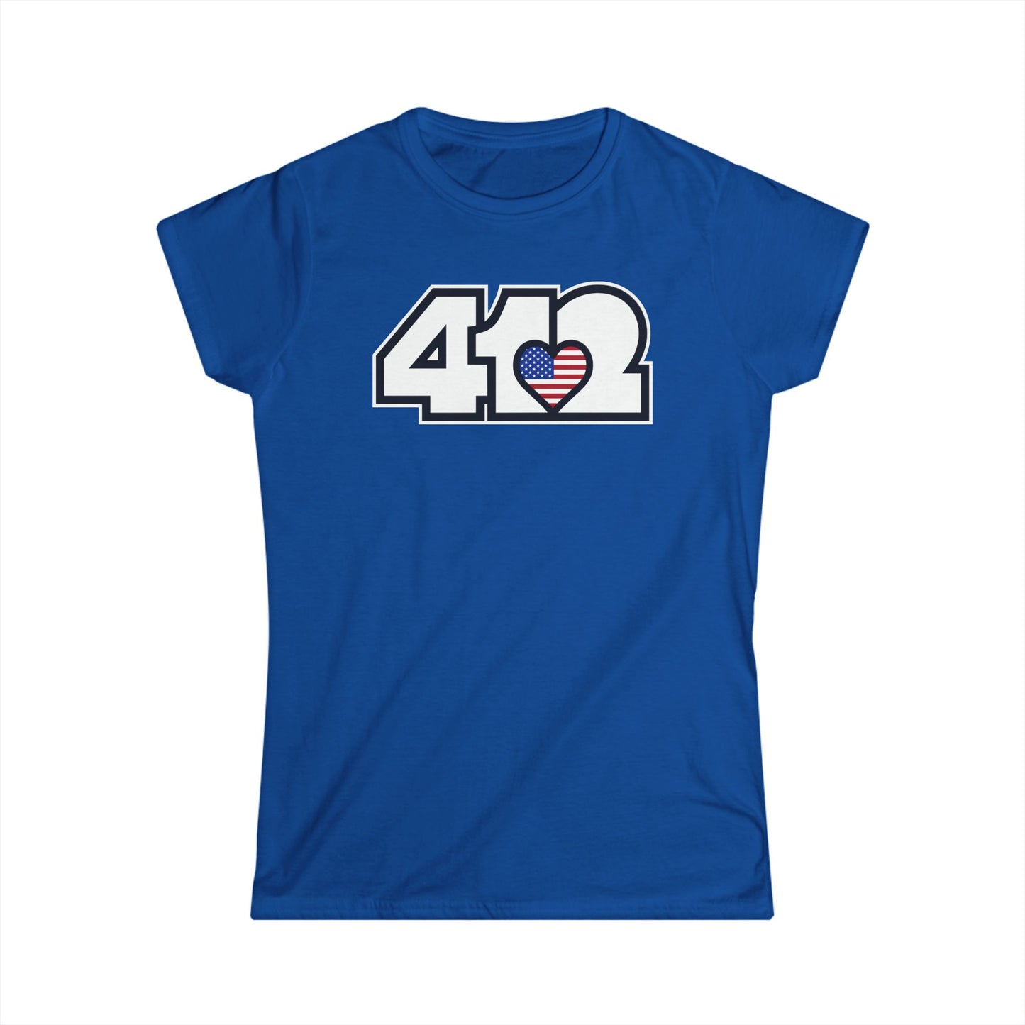 412 Women's Softstyle Tee - Stars & Stripes Heart, White Logo
