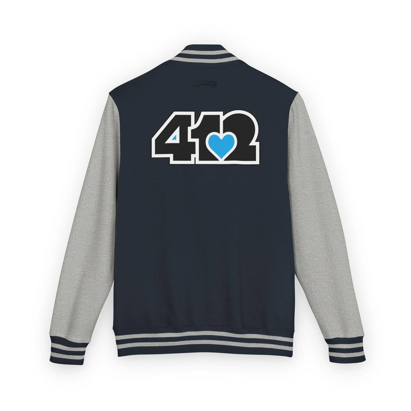 412 Embroidered Letterman Jacket - Blue Heart, Black Logo