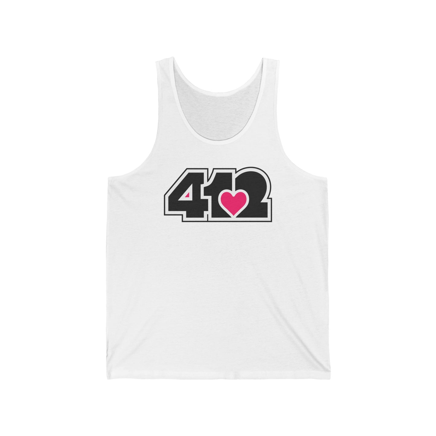 412 Unisex Jersey Tank - Pink Heart, Black Logo
