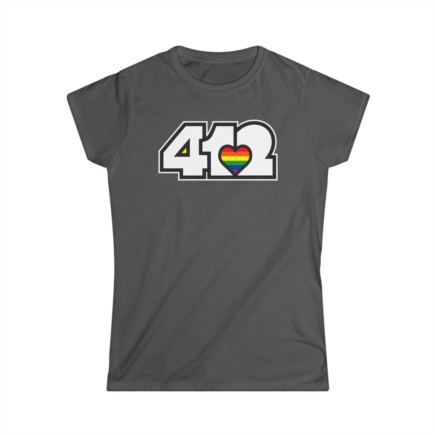 412 Women's Softstyle Tee - Rainbow Heart, White Logo