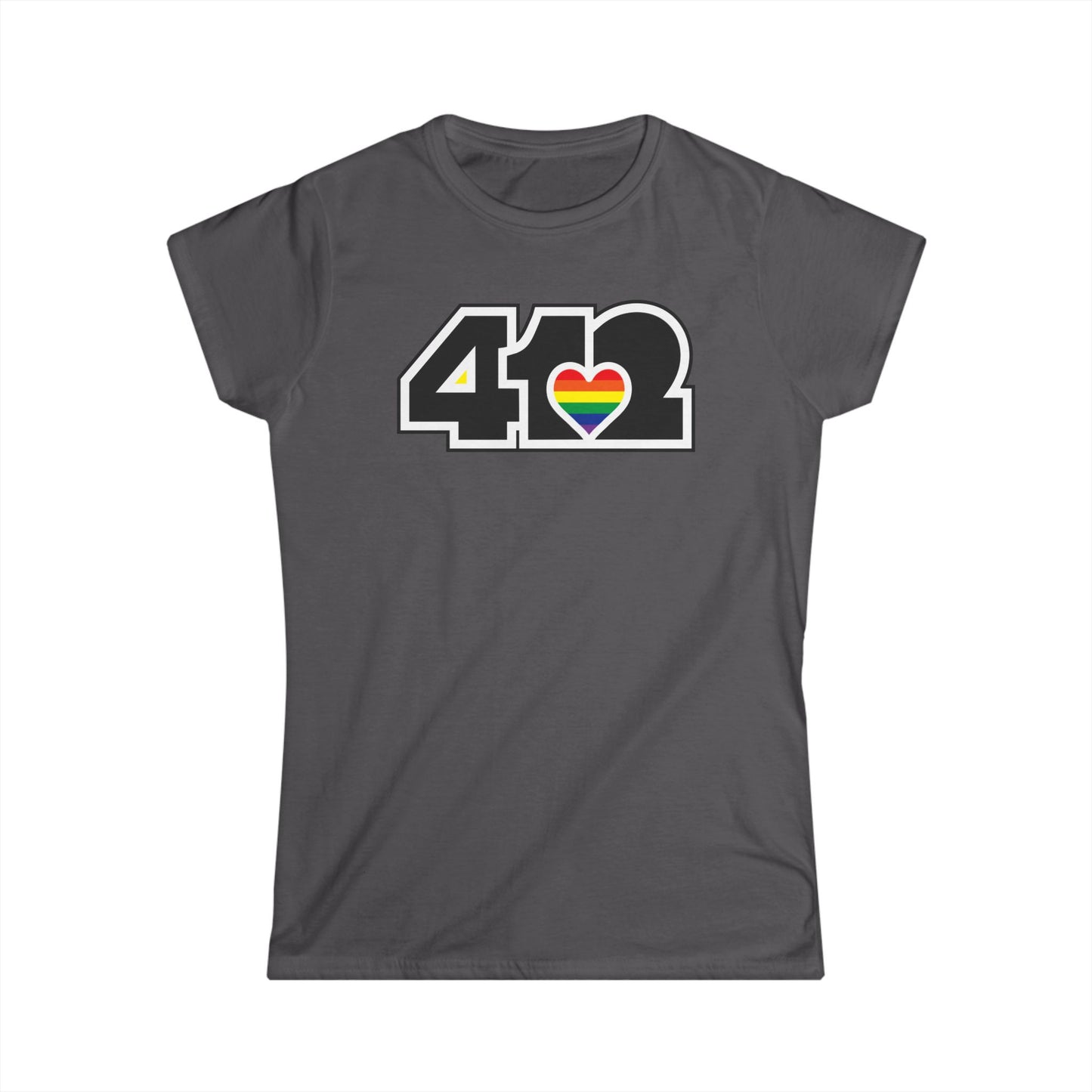 412 Women's Softstyle Tee - Rainbow Heart, Black Logo