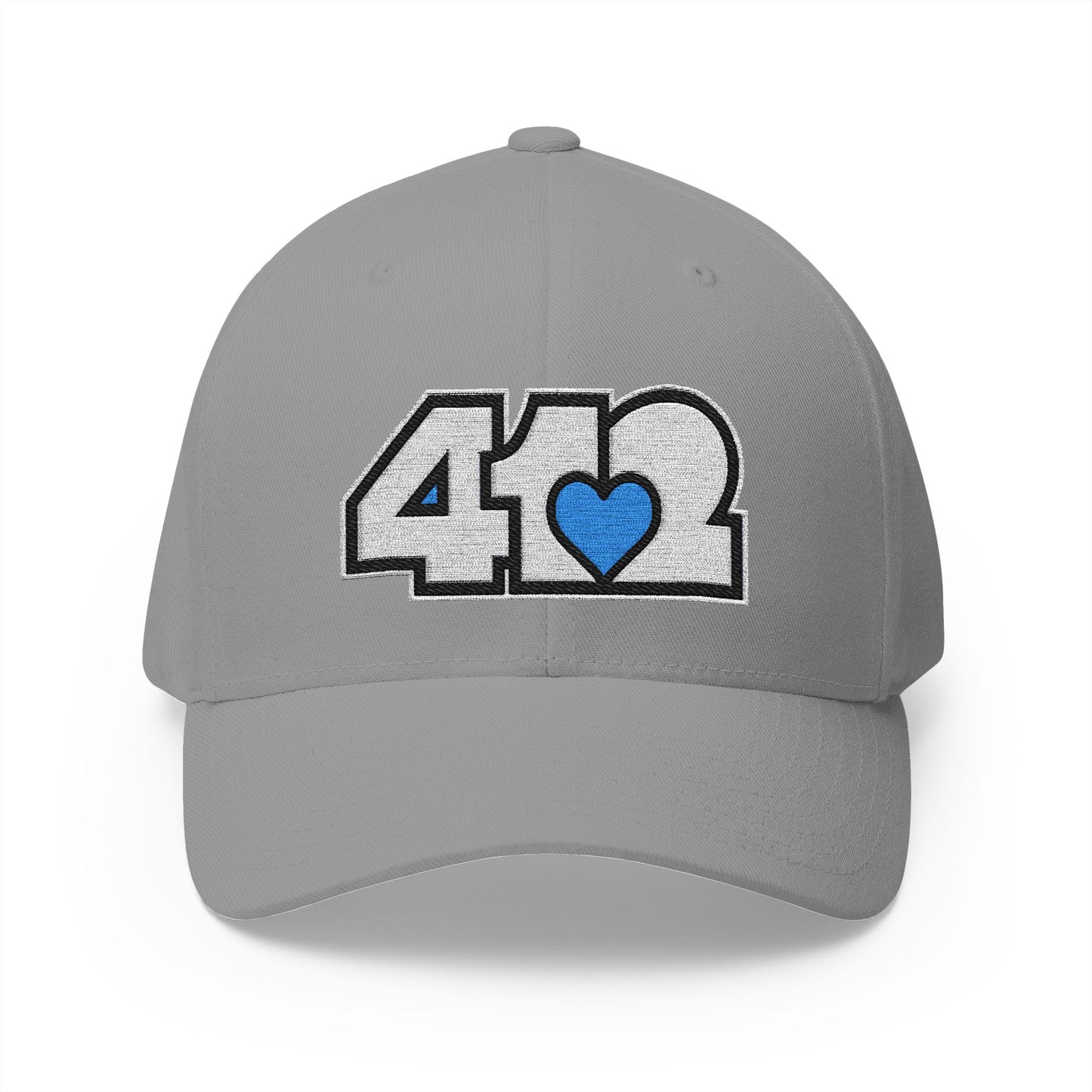 412 Stretch Fit Crown - Embroidered Blue Heart, White Logo