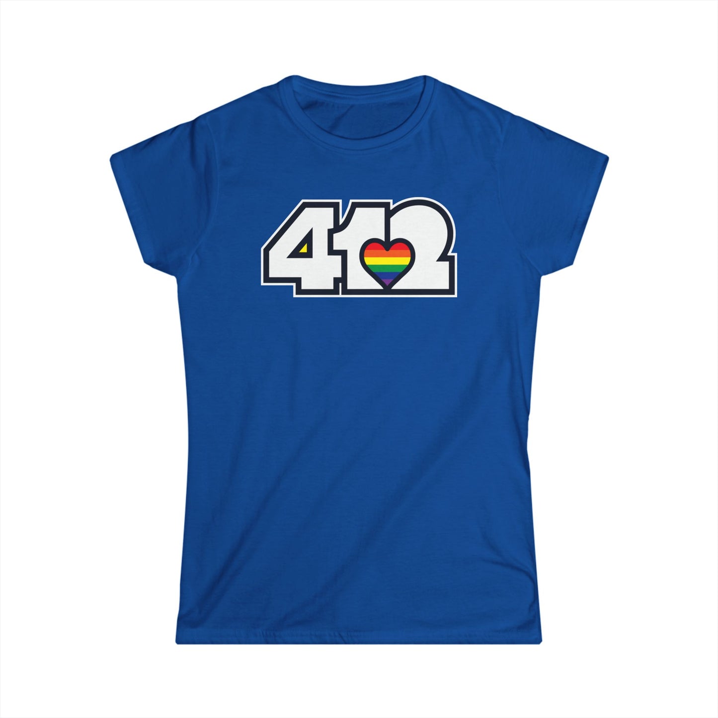 412 Women's Softstyle Tee - Rainbow Heart, White Logo