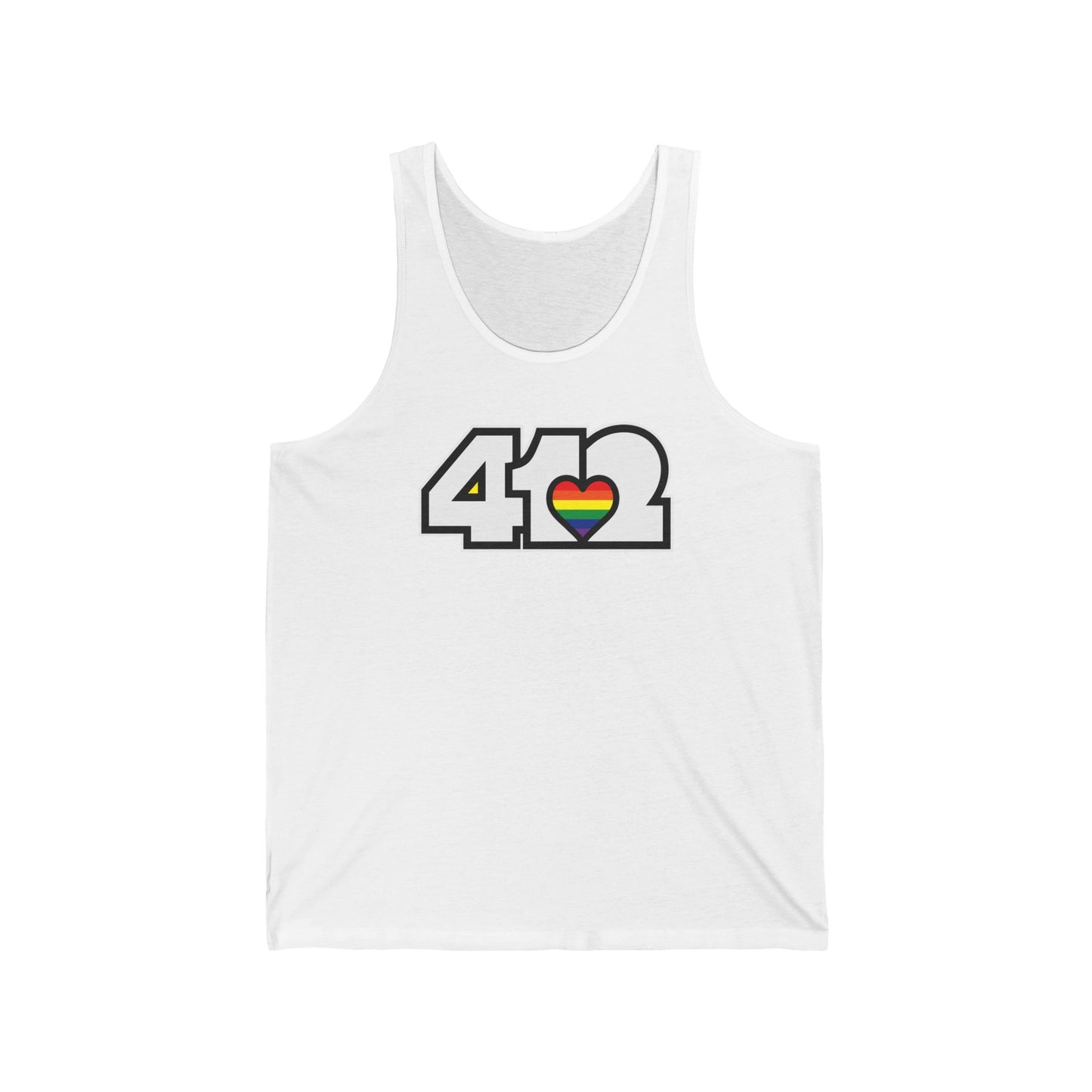 412 Unisex Jersey Tank - Rainbow Heart, White Logo