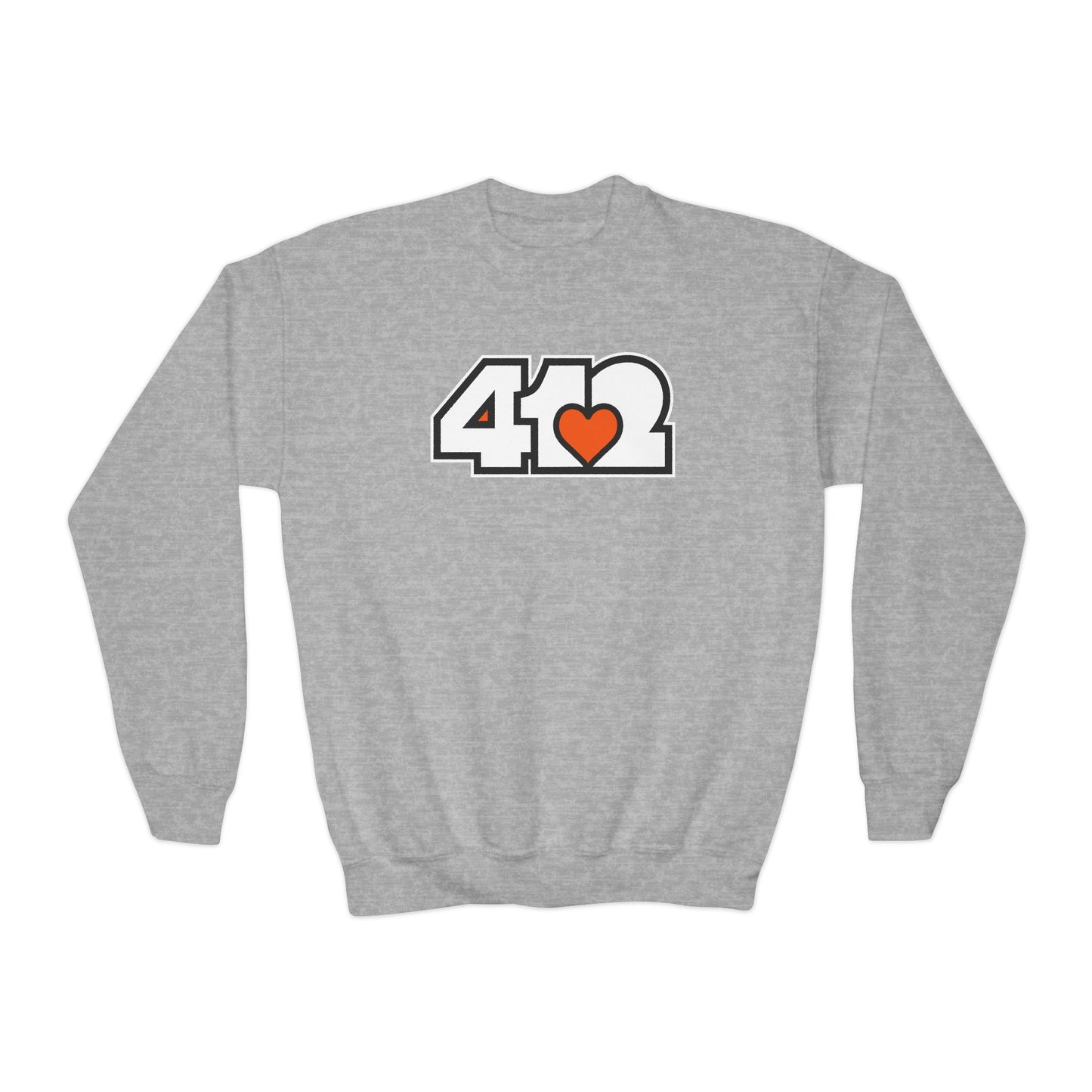 412 Crew Neck Youth Sweatshirt - Orange Heart, White Logo