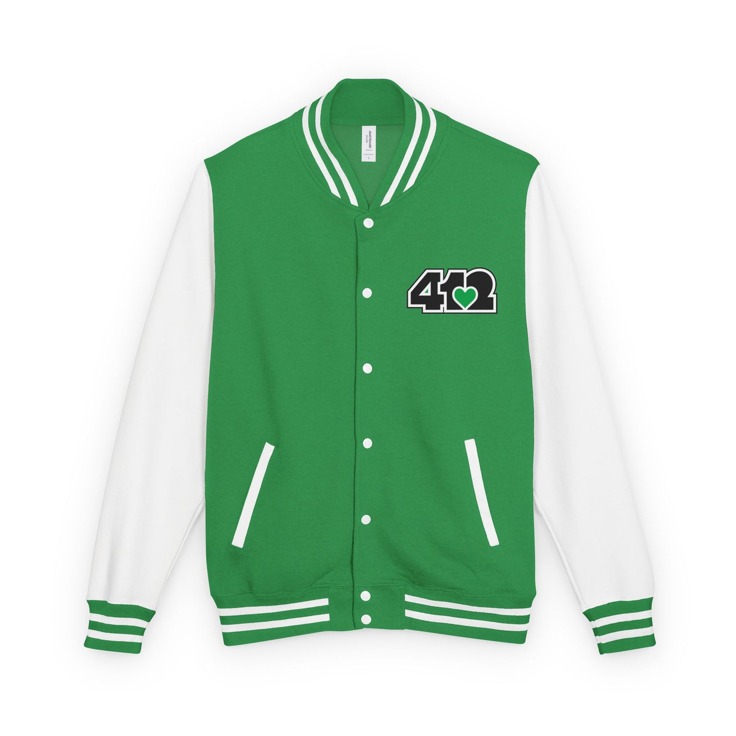 412 Embroidered Letterman Jacket - Green Heart, Black Logo