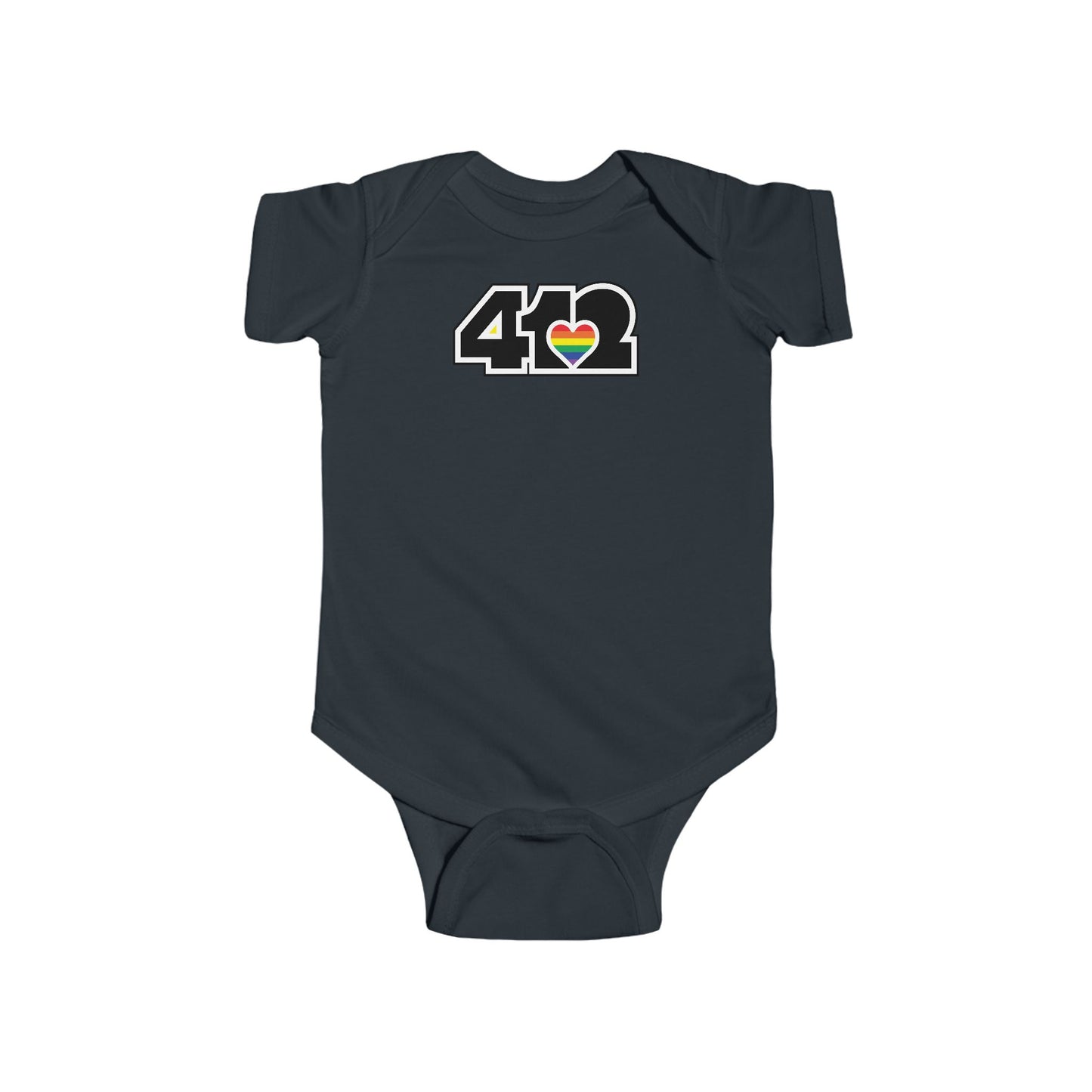 412 Infant Bodysuit - Rainbow Heart, Black Logo