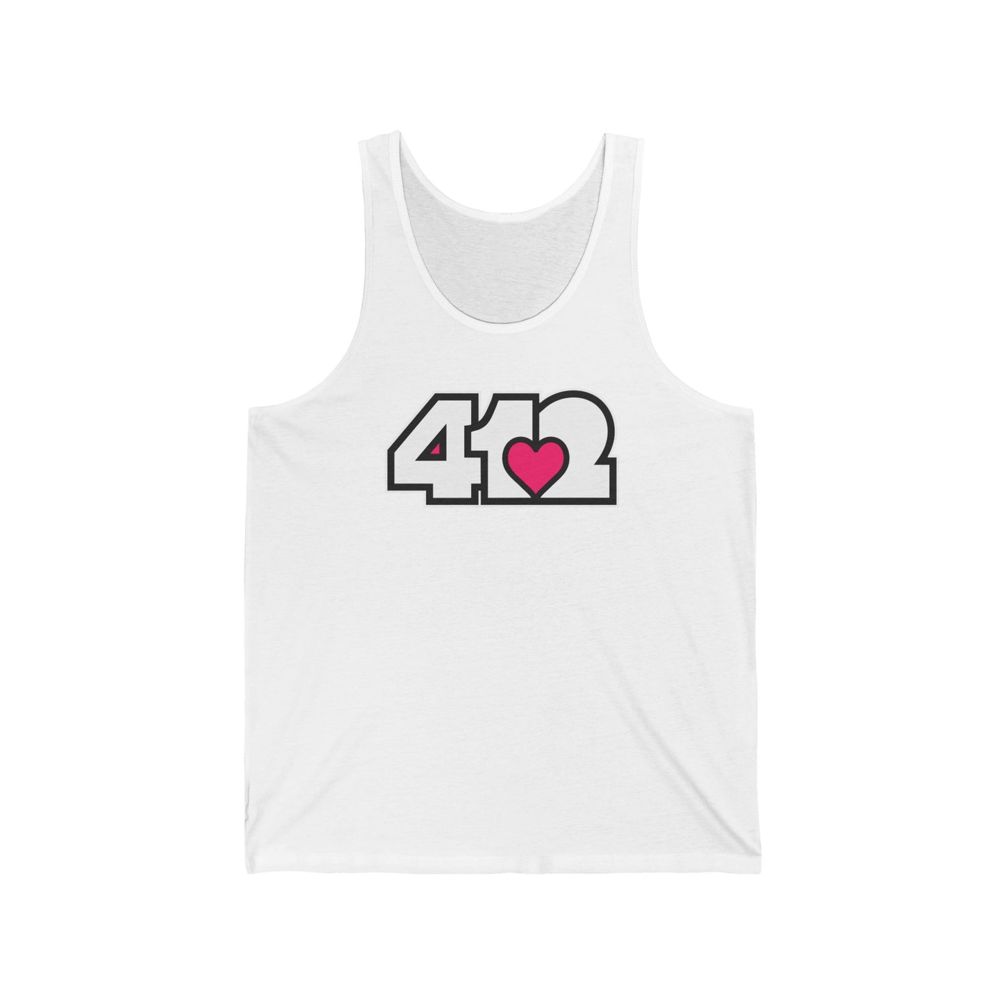 412 Unisex Jersey Tank - Pink Heart, White Logo