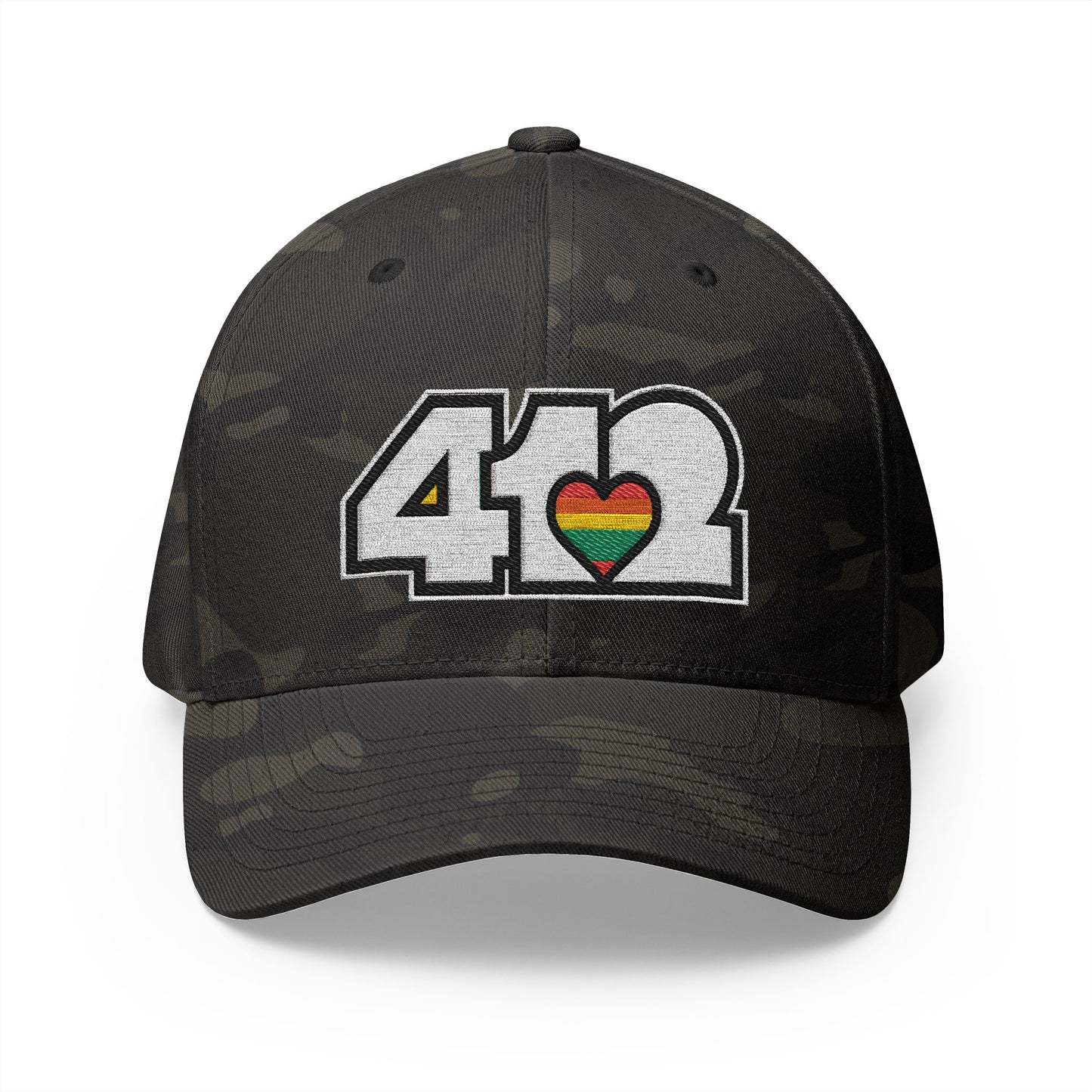 412 Stretch Fit Crown - Embroidered Rainbow Heart, White Logo