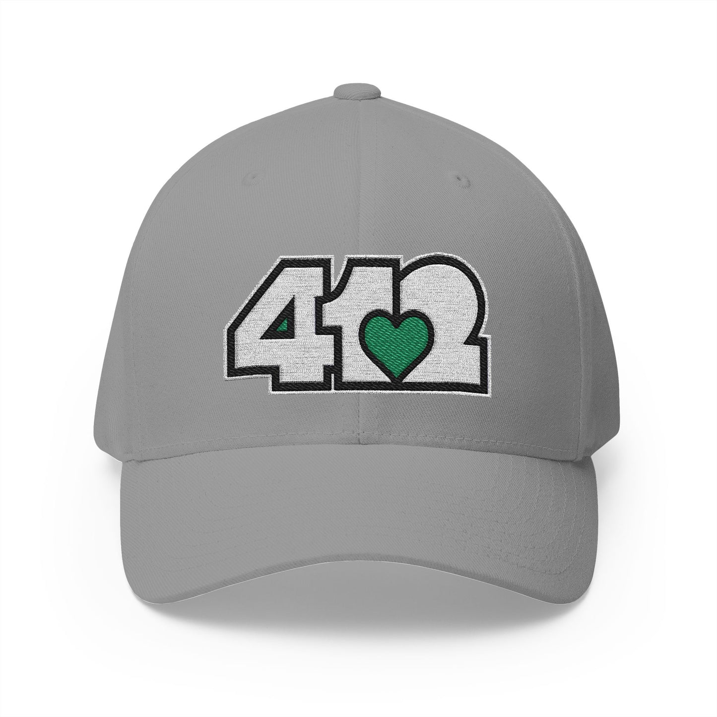 412 Stretch Fit Crown - Embroidered Green Heart, White Logo