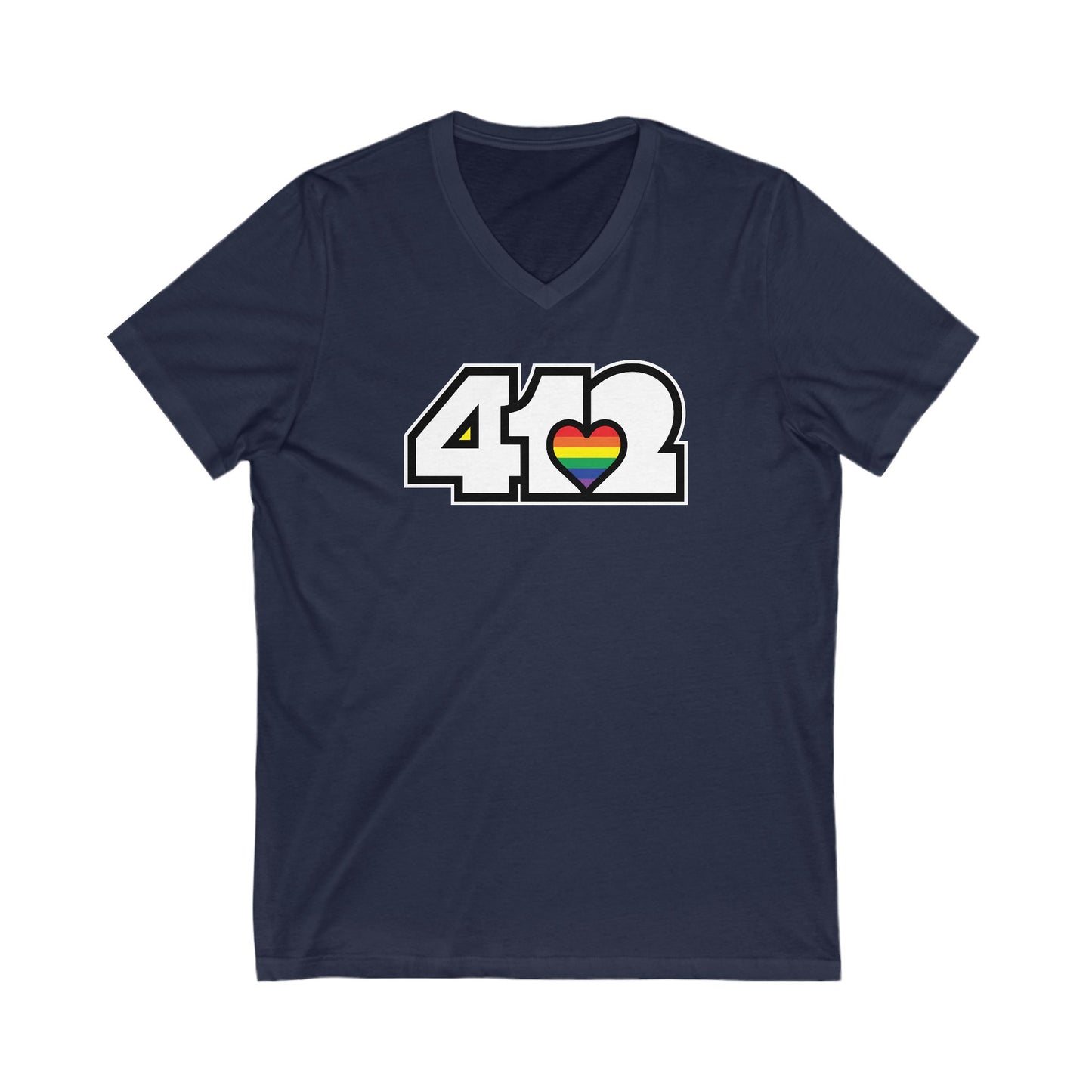 412 Women's V-Neck - Rainbow Heart, White Logo