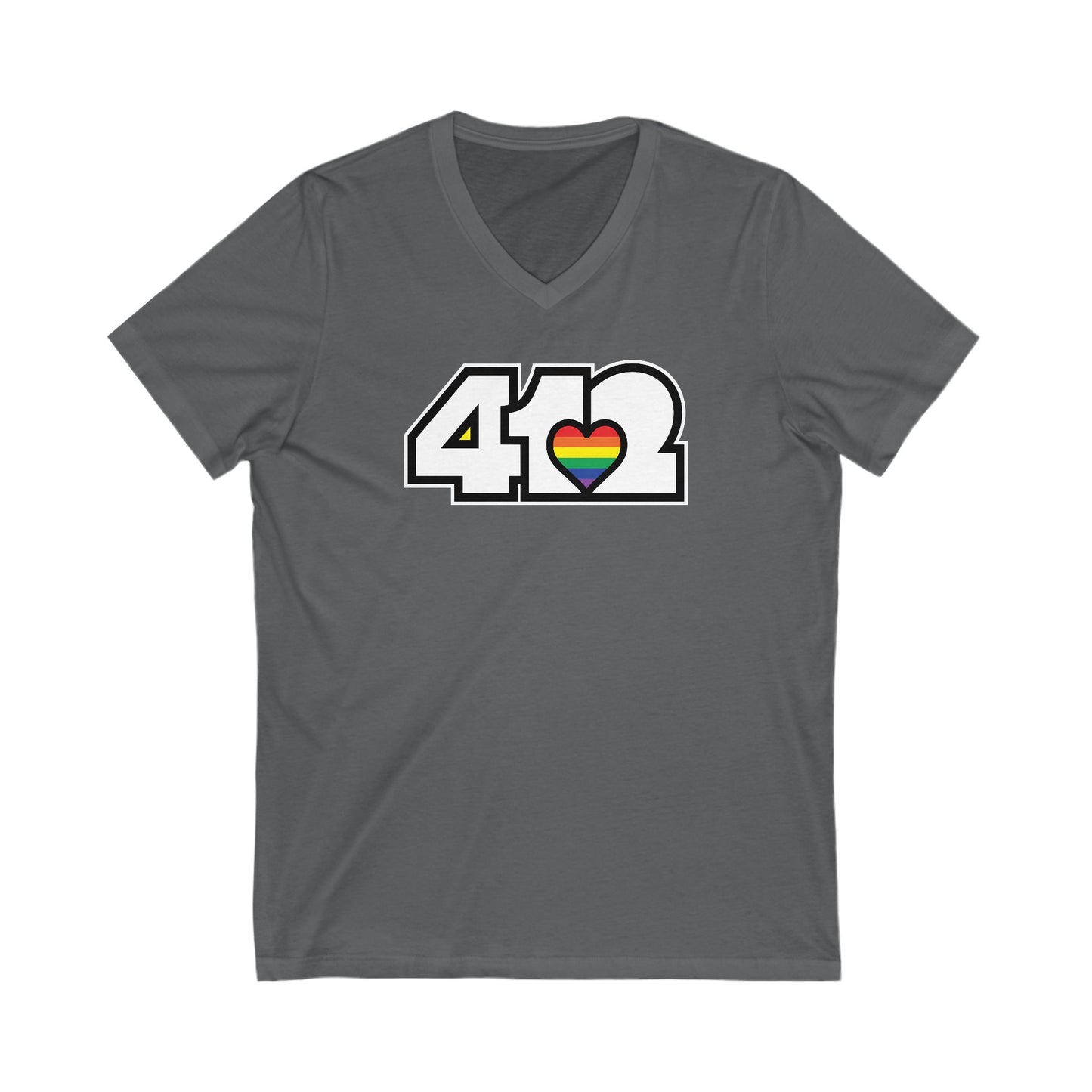 412 Women's V-Neck - Rainbow Heart, White Logo