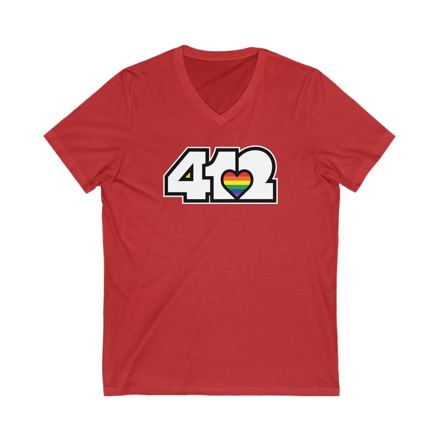 412 Women's V-Neck - Rainbow Heart, White Logo