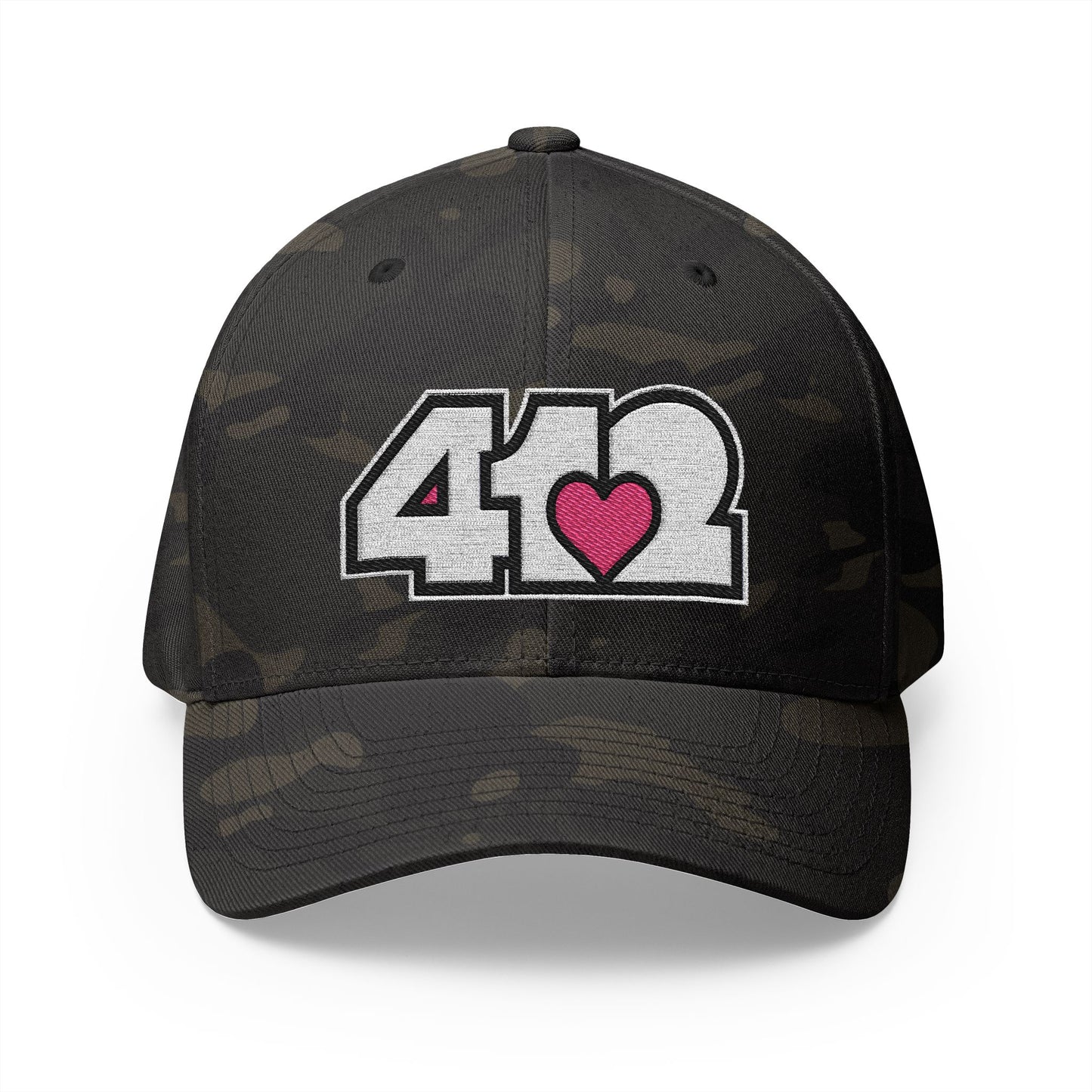 412 Stretch Fit Crown - Embroidered Pink Heart, White Logo