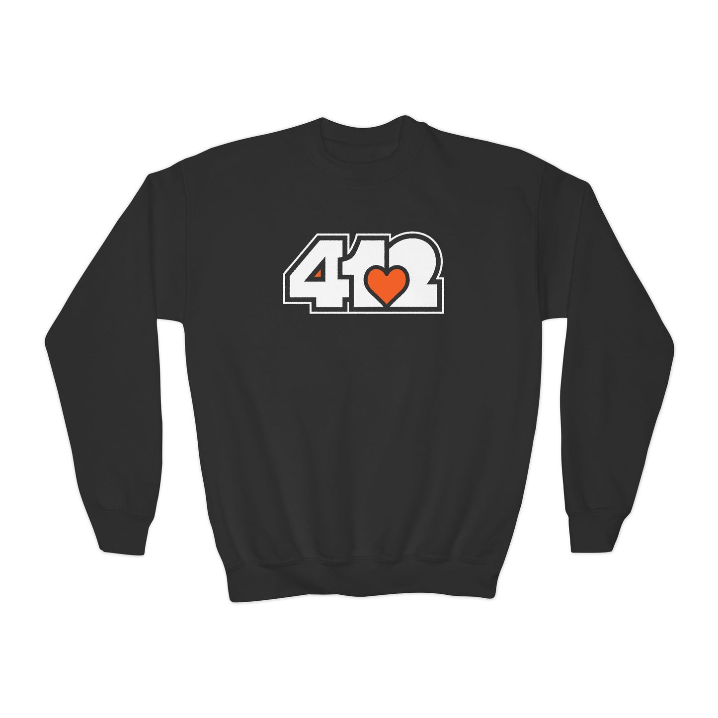 412 Crew Neck Youth Sweatshirt - Orange Heart, White Logo