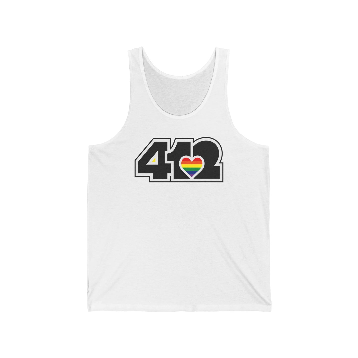 412 Unisex Jersey Tank - Rainbow Heart, Black Logo