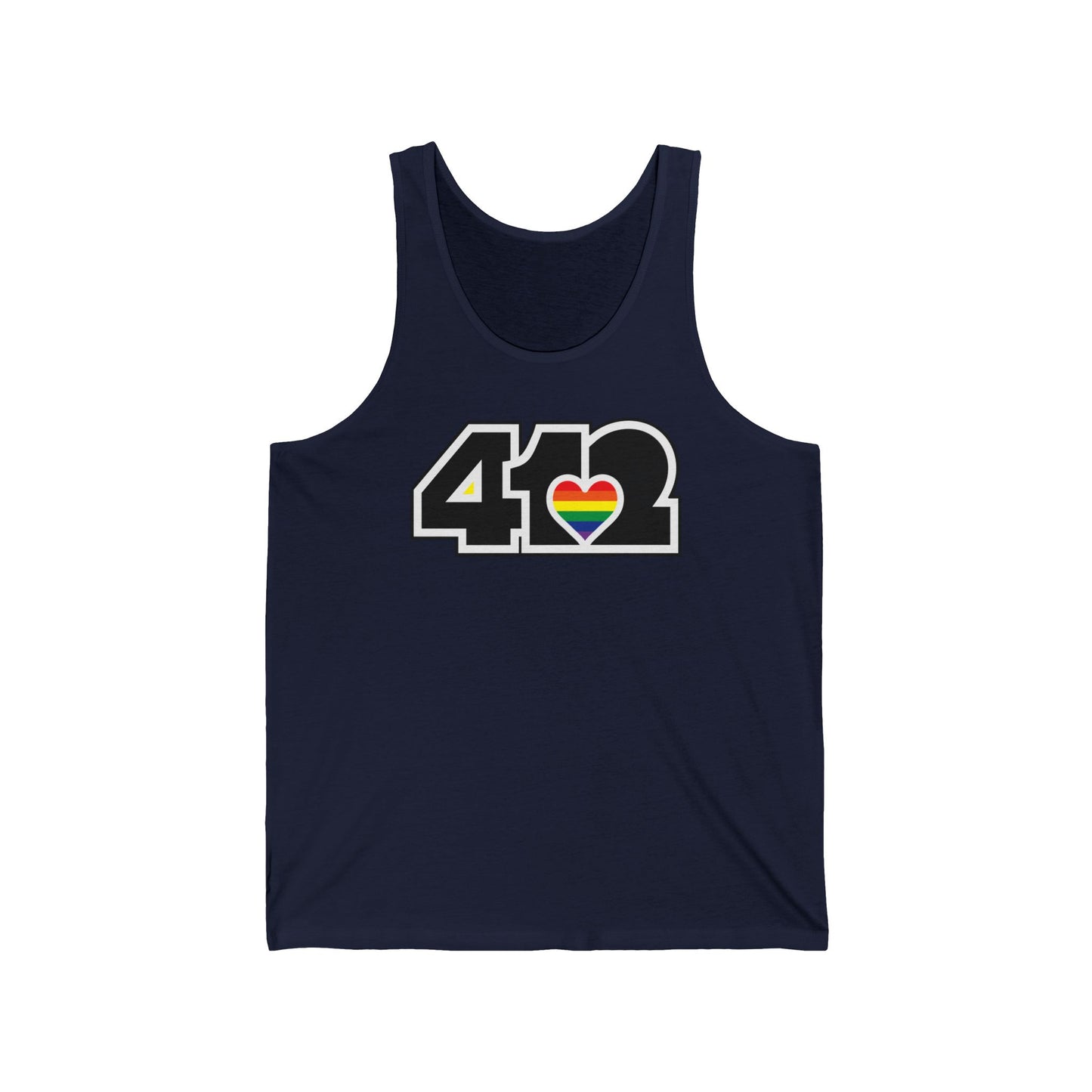 412 Unisex Jersey Tank - Rainbow Heart, Black Logo