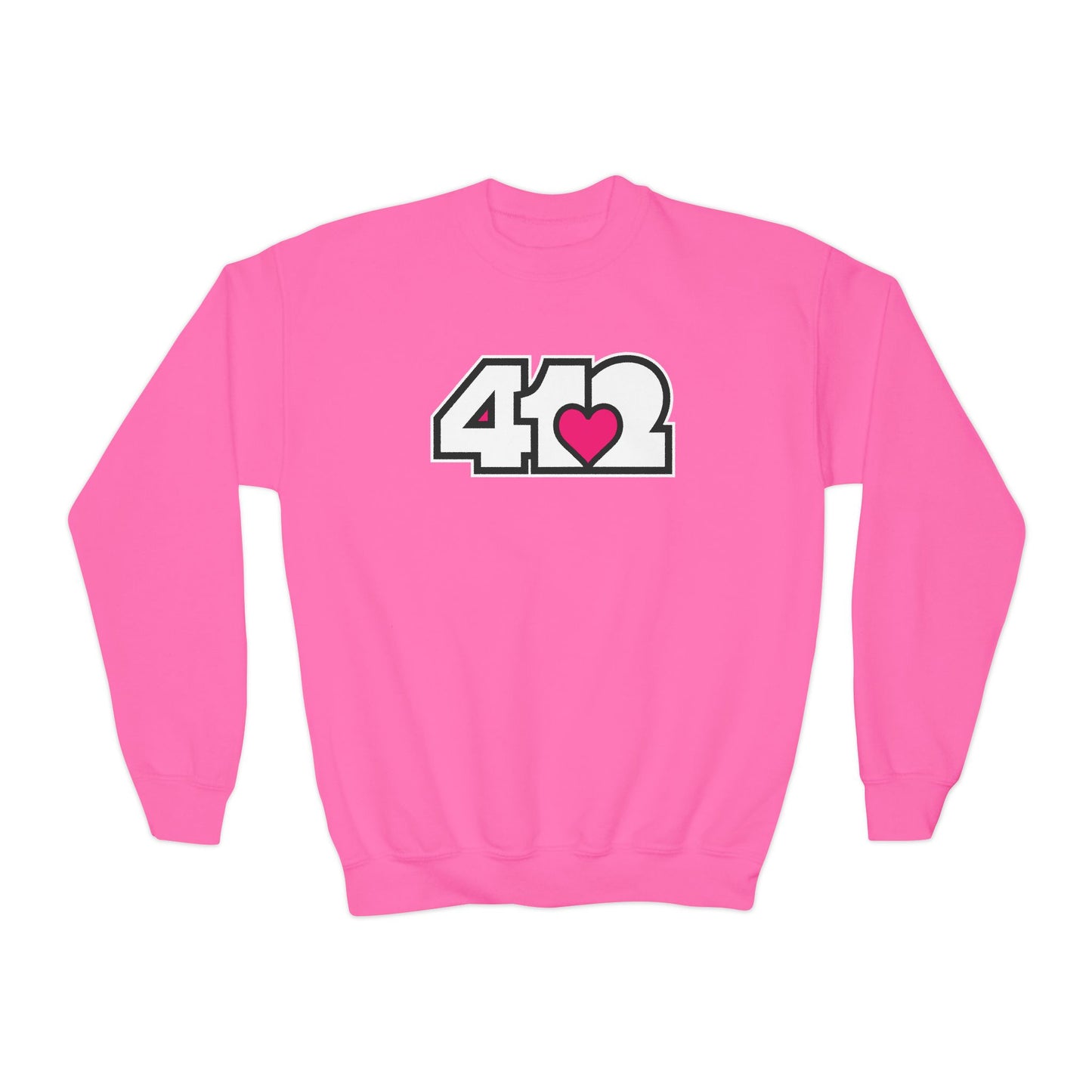 412 Crew Neck Youth Sweatshirt - Pink Heart, White Logo