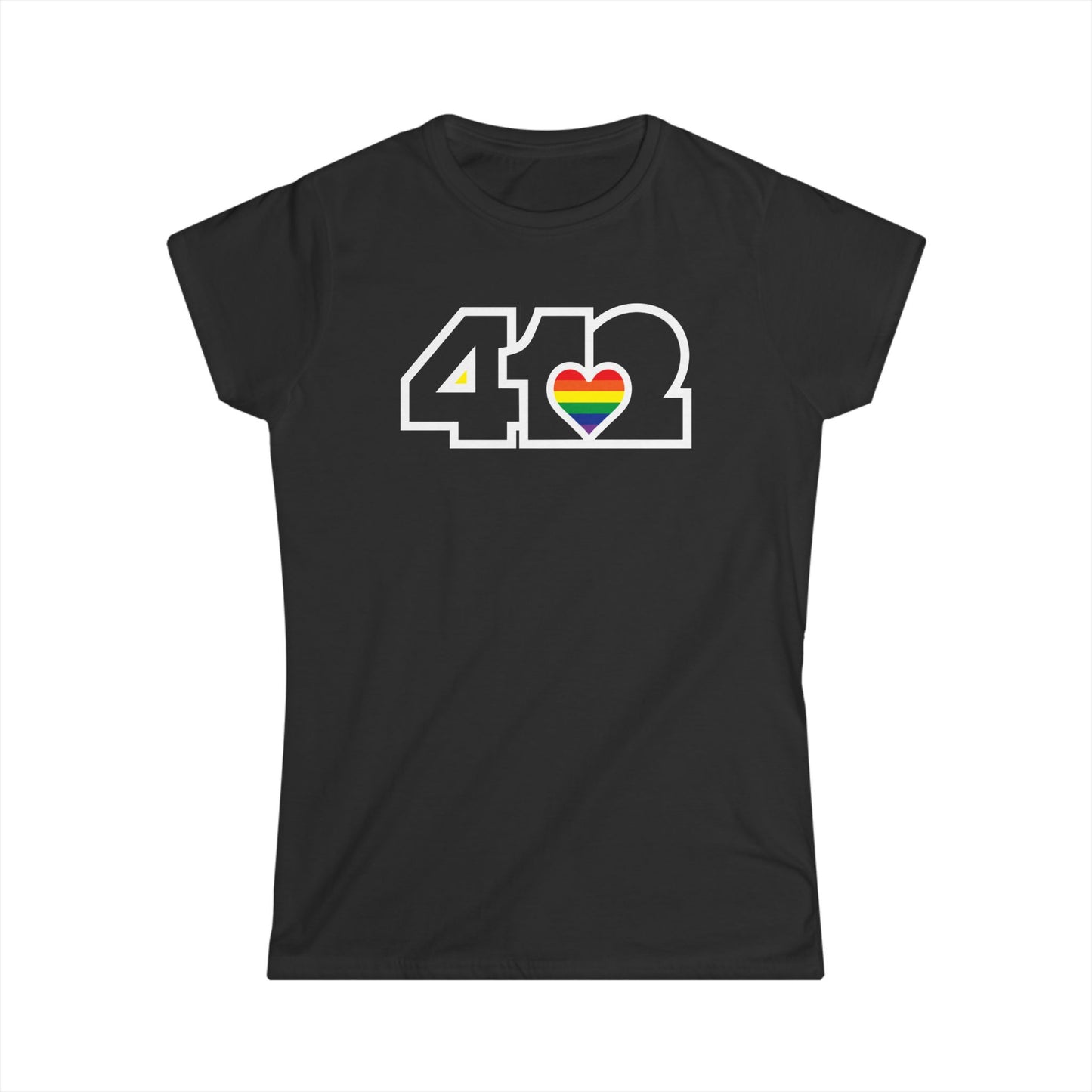 412 Women's Softstyle Tee - Rainbow Heart, Black Logo