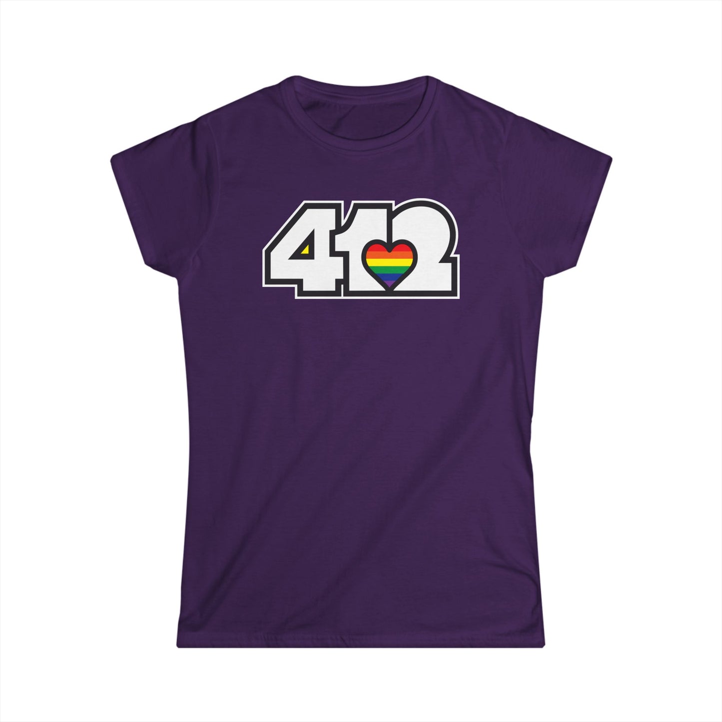 412 Women's Softstyle Tee - Rainbow Heart, White Logo