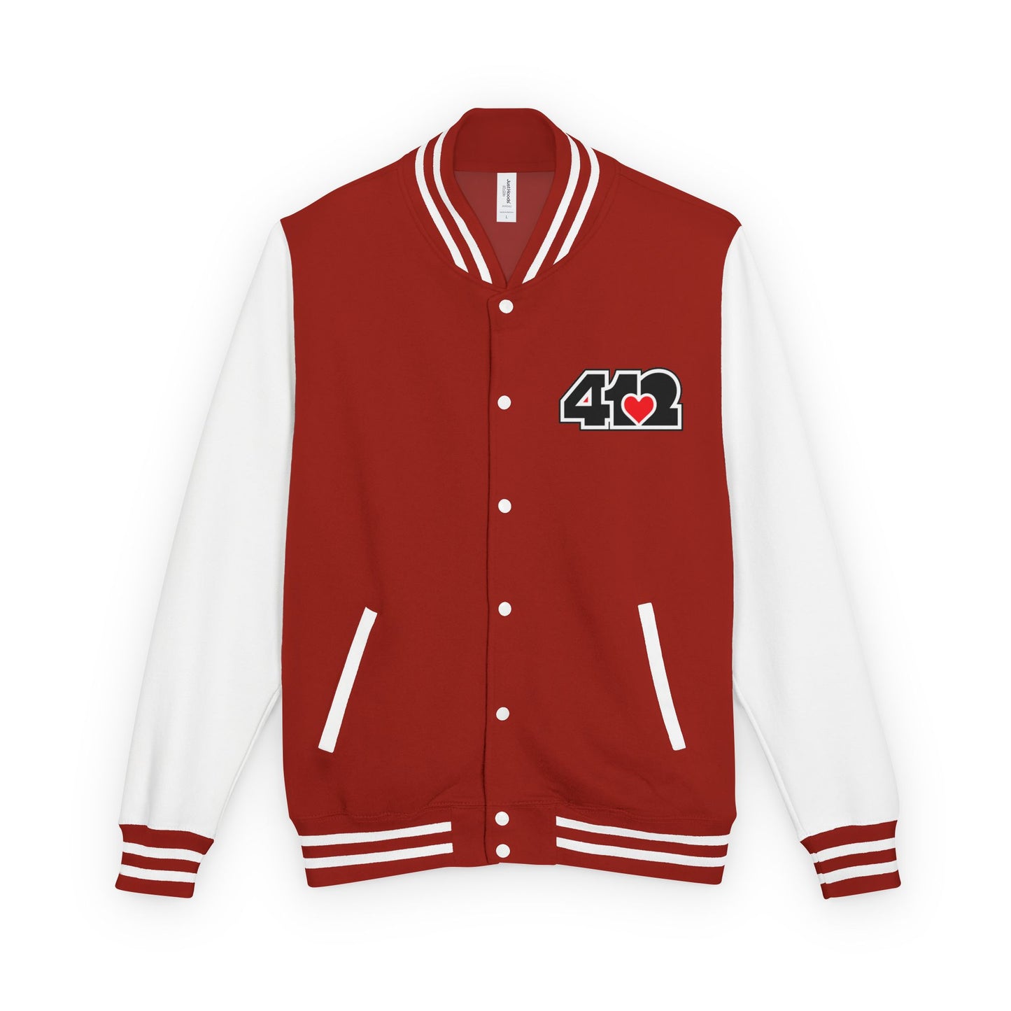 412 Embroidered Letterman Jacket - Red Heart, Black Logo