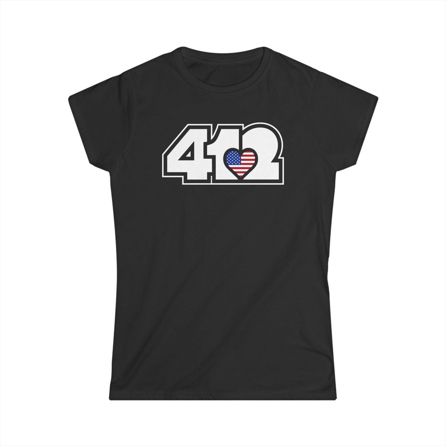 412 Women's Softstyle Tee - Stars & Stripes Heart, White Logo