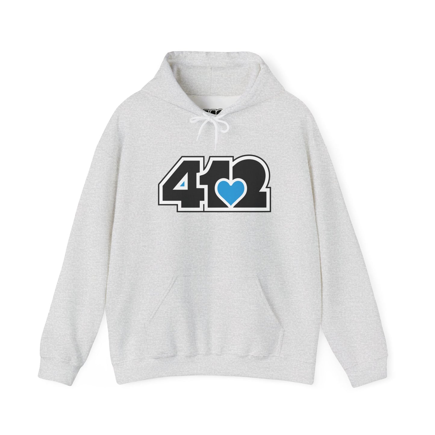 412 Classic Fit Adult Hoodie - Blue Heart, Black Logo-Hoodie-Ash-4OneLove2; Pittsburgh Branded Clothing; Pittsburgh Apparel; 412 Clothing