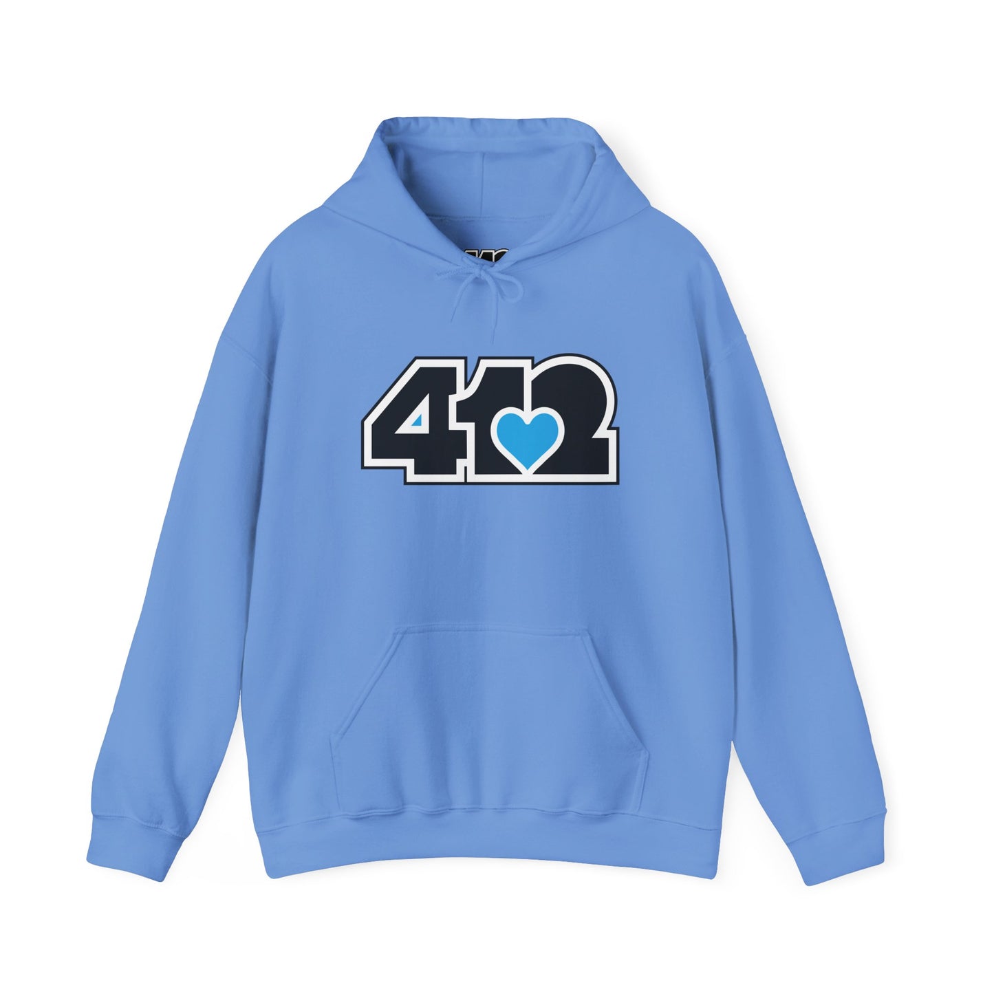 412 Classic Fit Adult Hoodie - Blue Heart, Black Logo-Hoodie-Carolina Blue-4OneLove2; Pittsburgh Branded Clothing; Pittsburgh Apparel; 412 Clothing