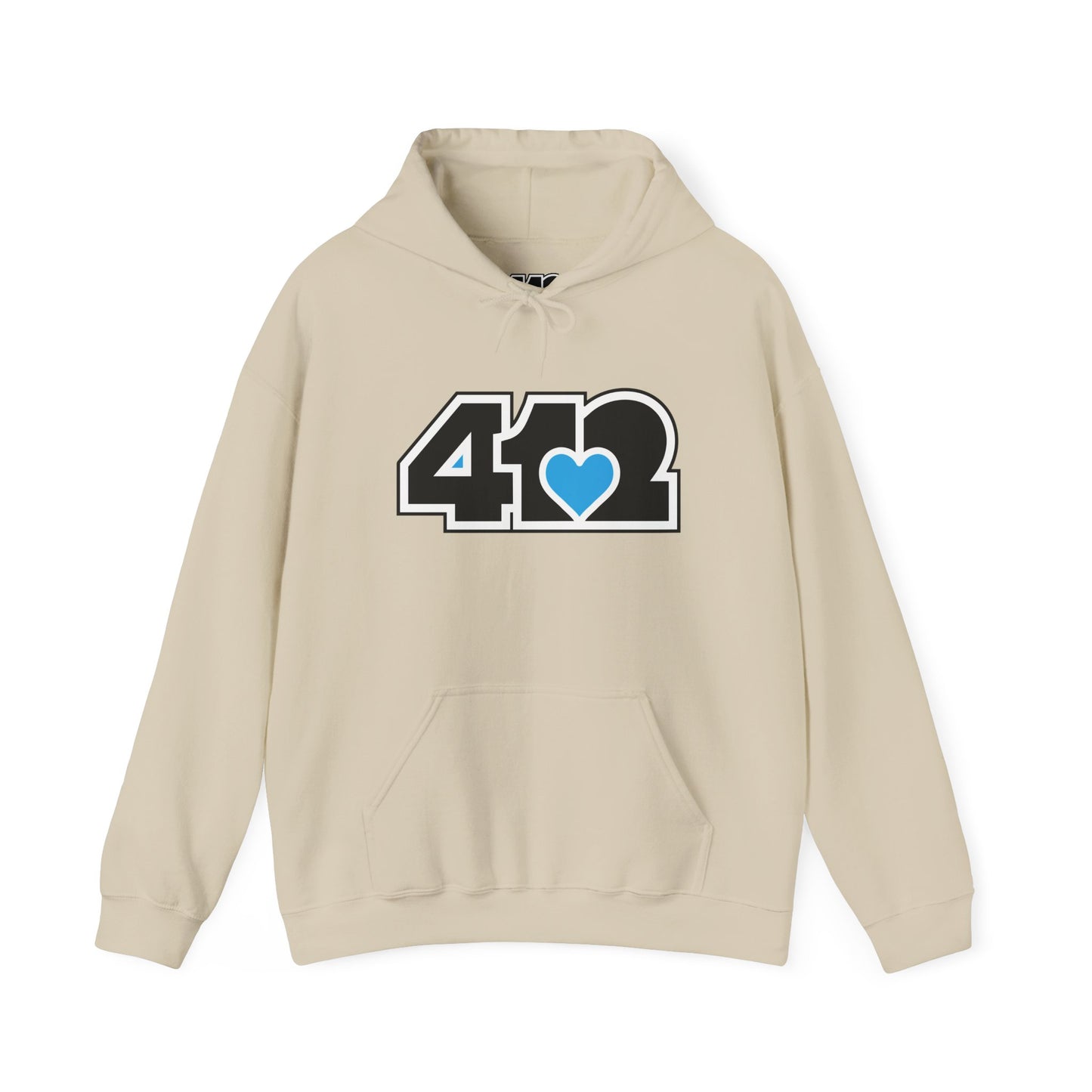412 Classic Fit Adult Hoodie - Blue Heart, Black Logo-Hoodie-Sand-4OneLove2; Pittsburgh Branded Clothing; Pittsburgh Apparel; 412 Clothing