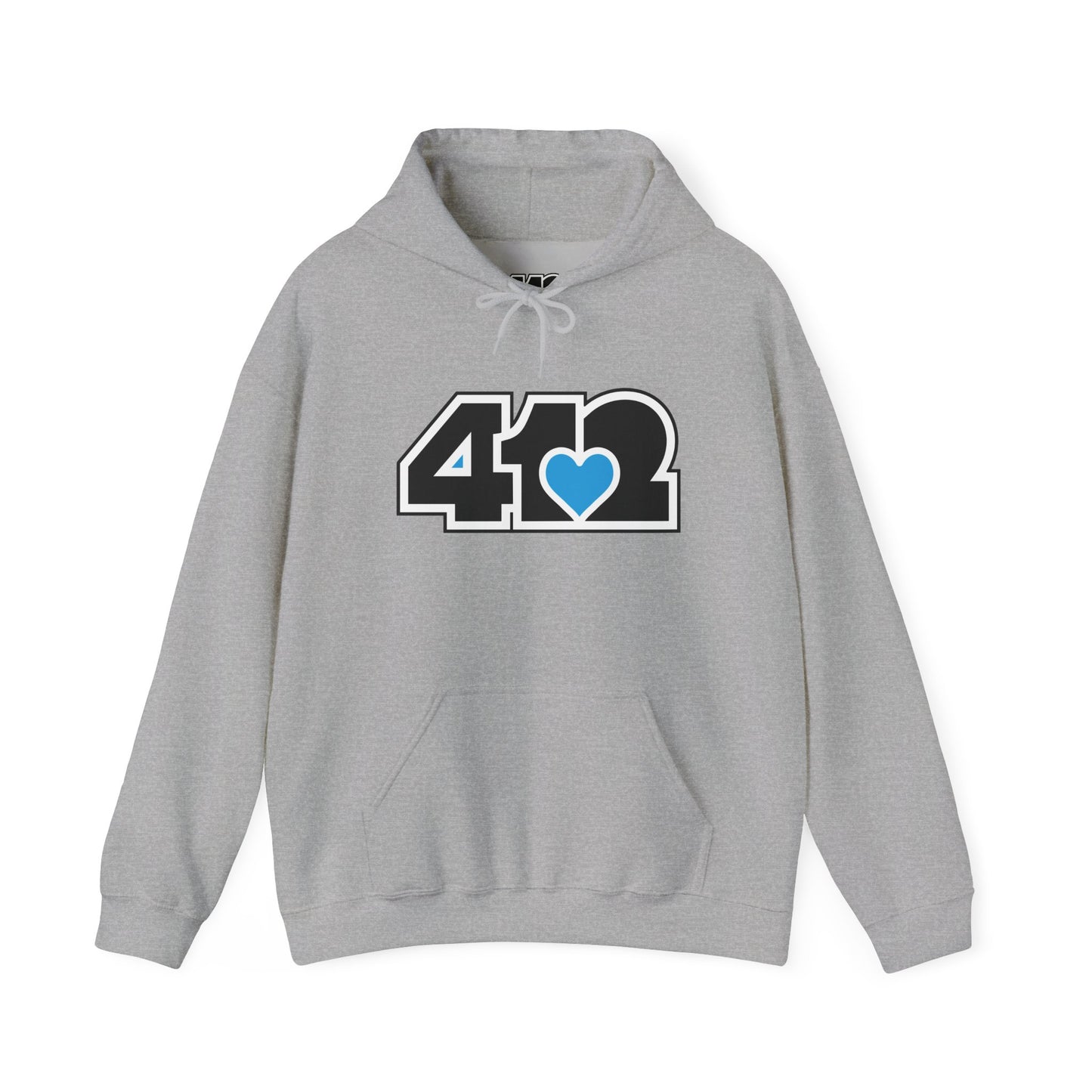 412 Classic Fit Adult Hoodie - Blue Heart, Black Logo-Hoodie-Sport Grey-4OneLove2; Pittsburgh Branded Clothing; Pittsburgh Apparel; 412 Clothing
