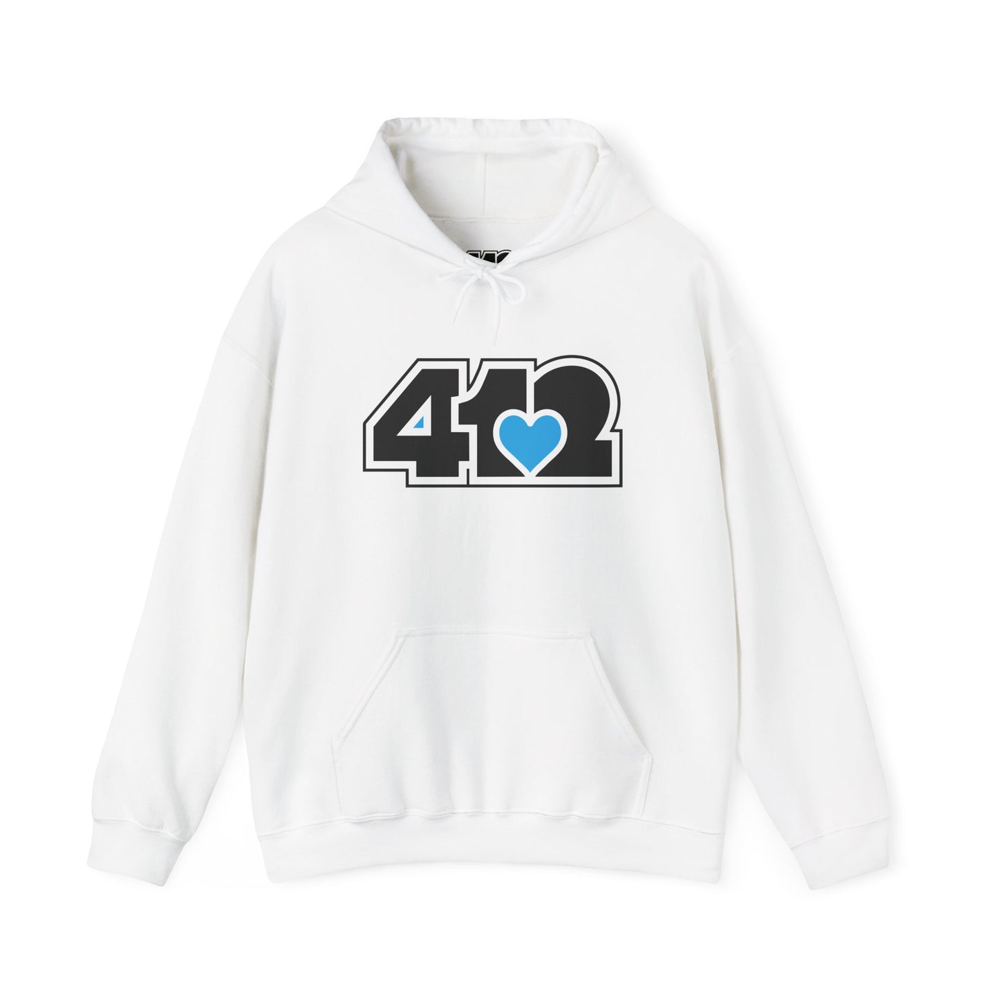 412 Classic Fit Adult Hoodie - Blue Heart, Black Logo-Hoodie-White-4OneLove2; Pittsburgh Branded Clothing; Pittsburgh Apparel; 412 Clothing