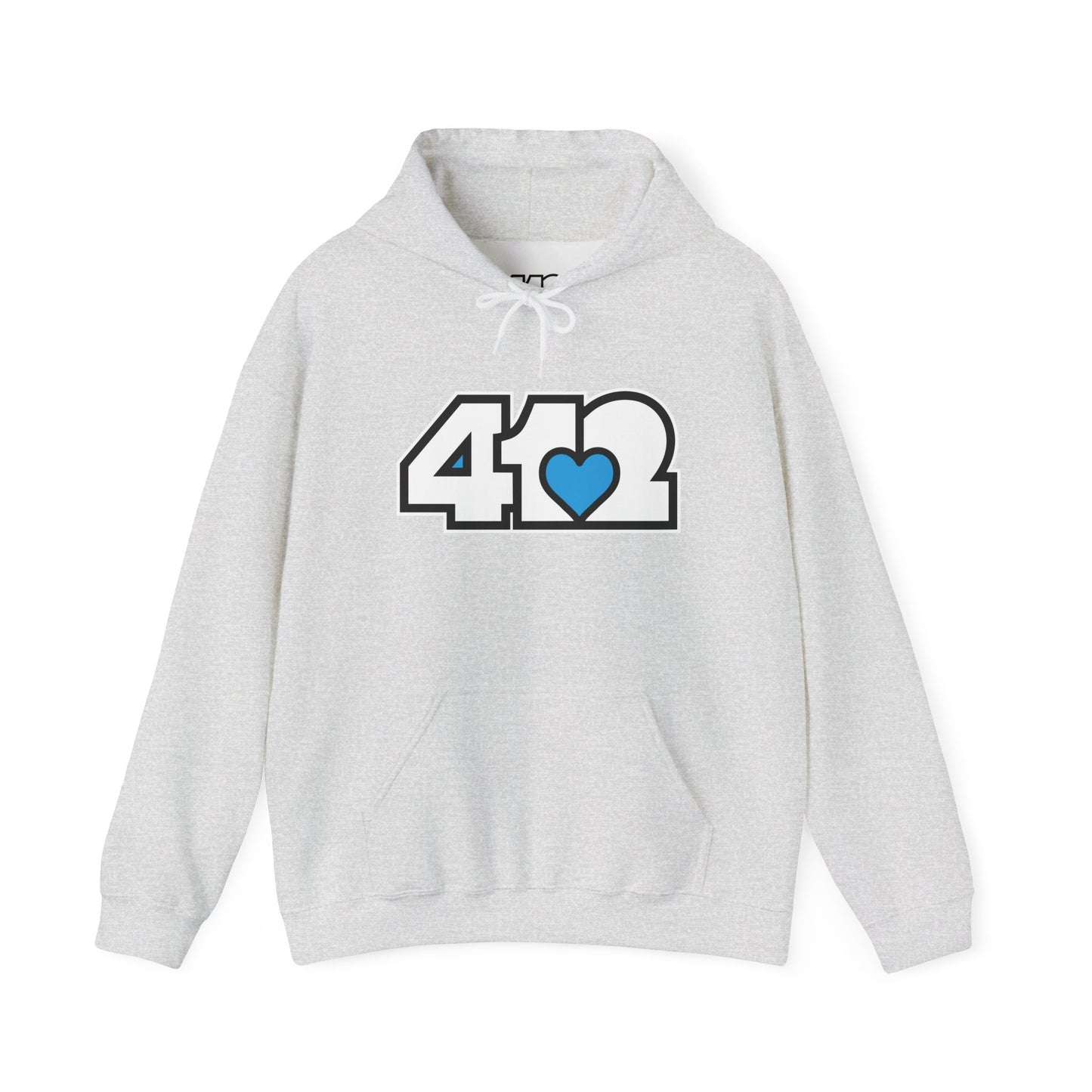 412 Classic Fit Adult Hoodie - Blue Heart, White Logo-Hoodie-Ash-4OneLove2; Pittsburgh Branded Clothing; Pittsburgh Apparel; 412 Clothing