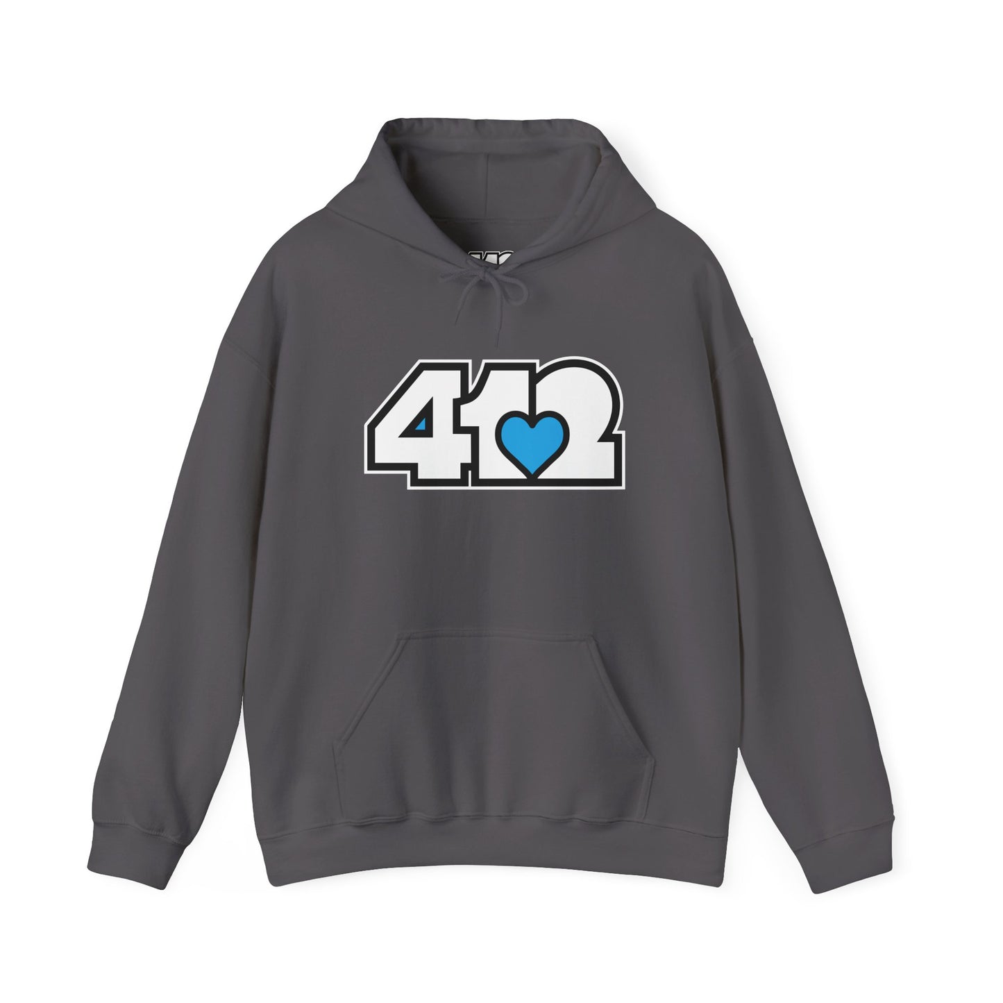 412 Classic Fit Adult Hoodie - Blue Heart, White Logo-Hoodie-Charcoal-4OneLove2; Pittsburgh Branded Clothing; Pittsburgh Apparel; 412 Clothing
