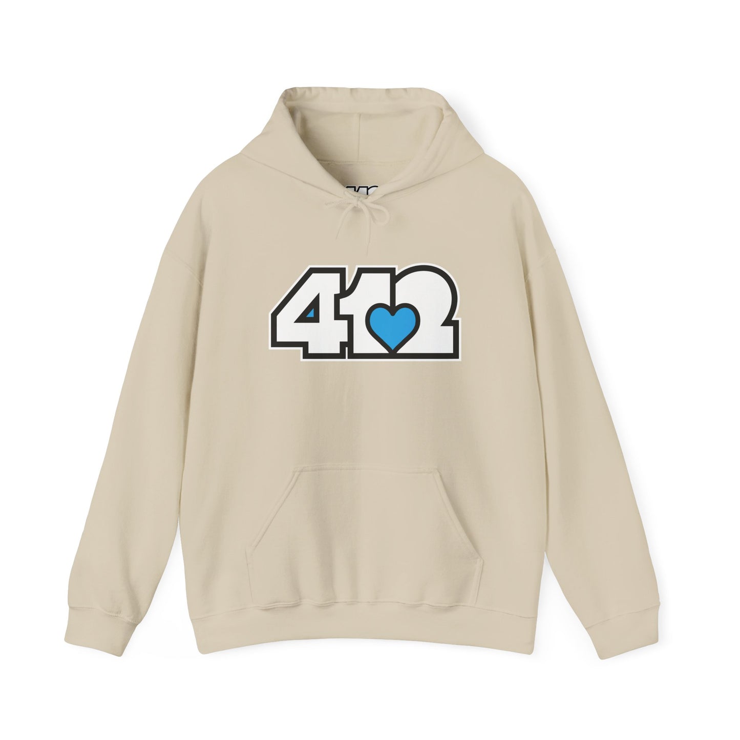 412 Classic Fit Adult Hoodie - Blue Heart, White Logo-Hoodie-Sand-4OneLove2; Pittsburgh Branded Clothing; Pittsburgh Apparel; 412 Clothing
