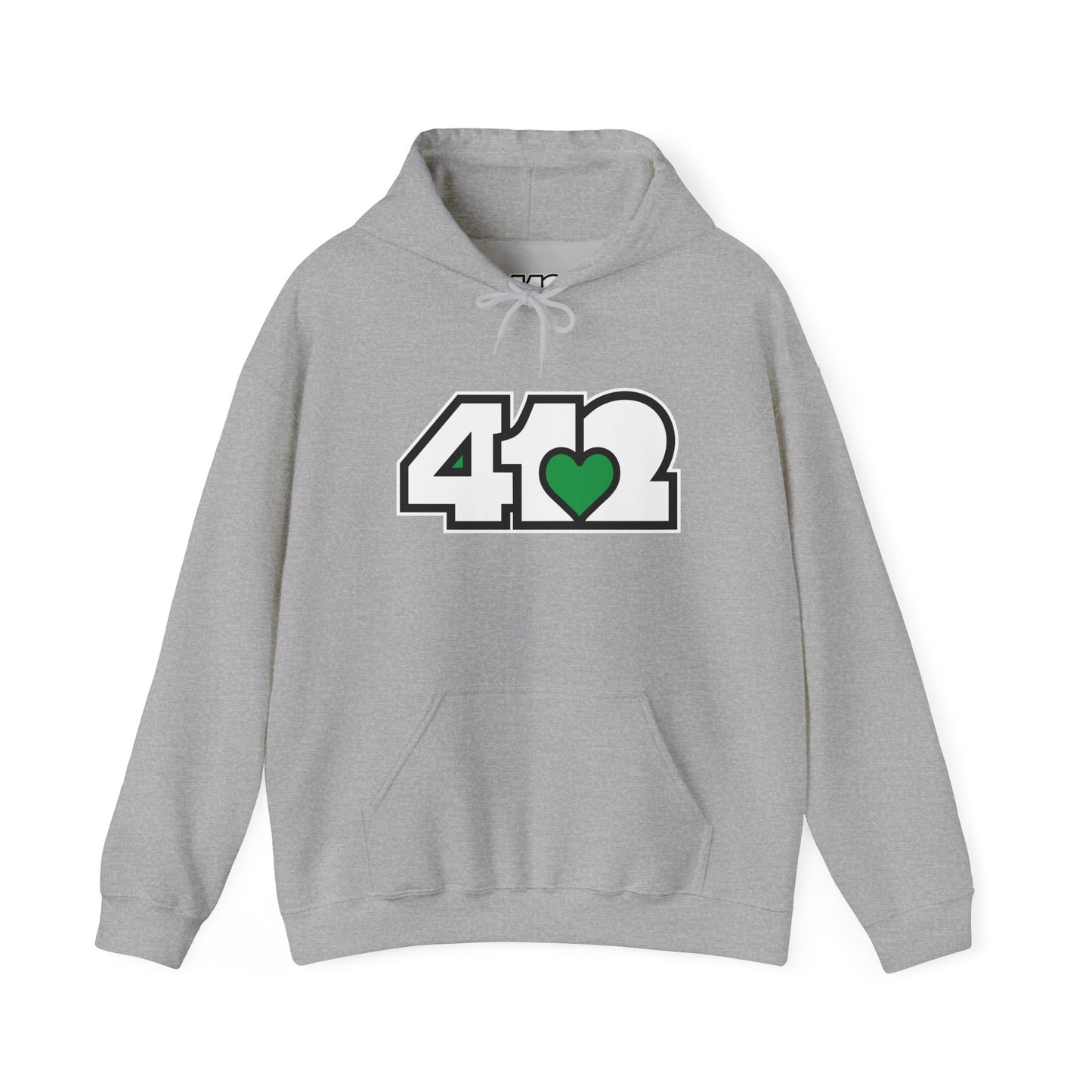 412 Classic Fit Adult Hoodie - Green Heart, White Logo-Hoodie-Sport Grey-4OneLove2; Pittsburgh Branded Clothing; Pittsburgh Apparel; 412 Clothing