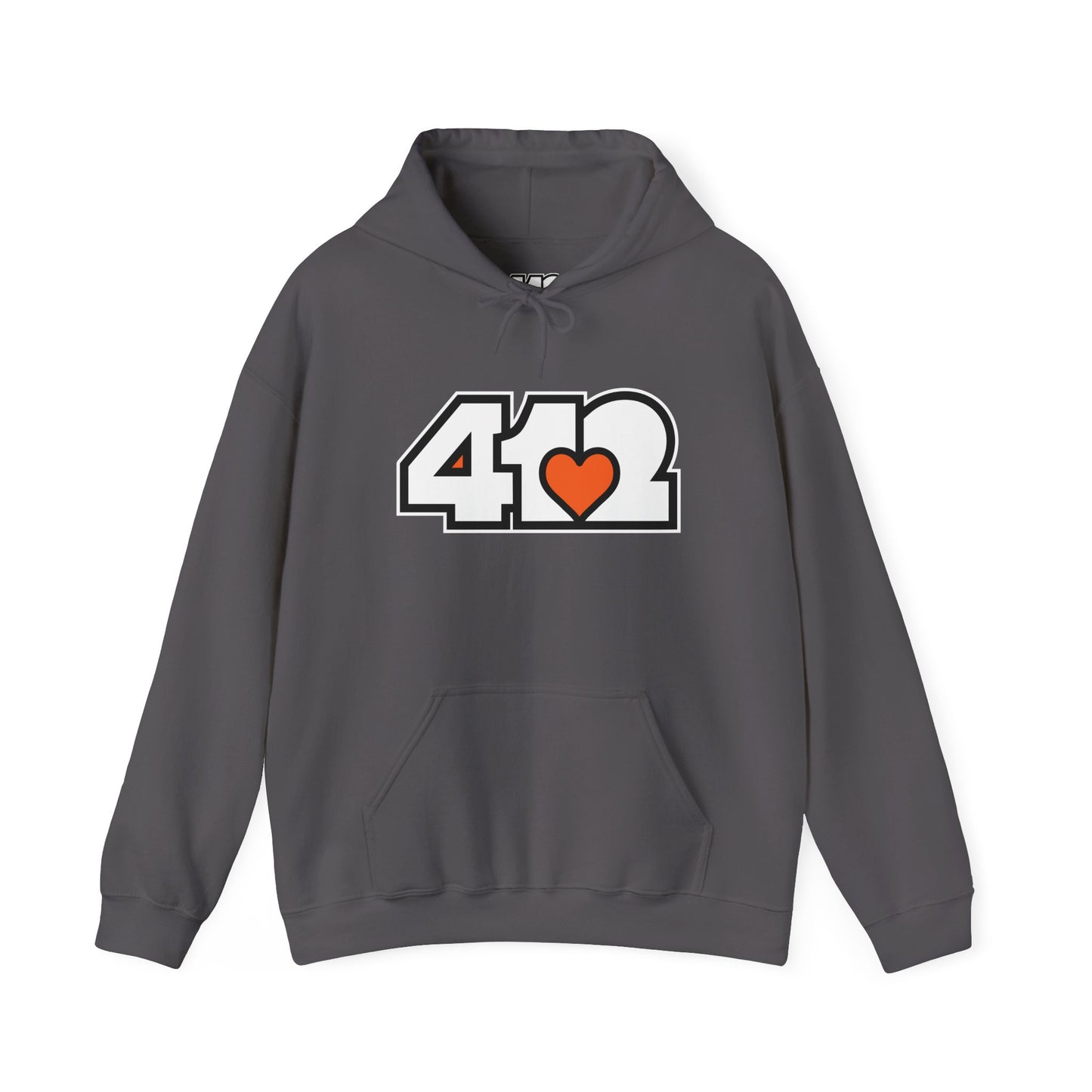412 Classic Fit Adult Hoodie - Orange Heart, White Logo-Hoodie-Charcoal-4OneLove2; Pittsburgh Branded Clothing; Pittsburgh Apparel; 412 Clothing